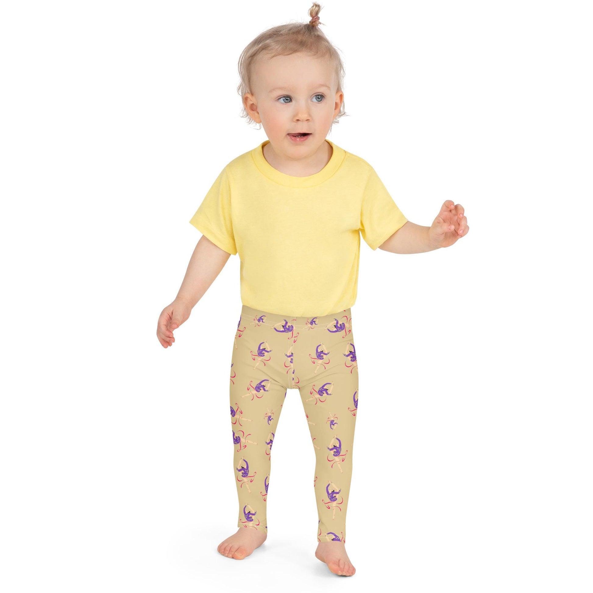 Leggings petite fille – vue de face, tissu doux et extensible - jaune citron - motif gymnaste danseuse 