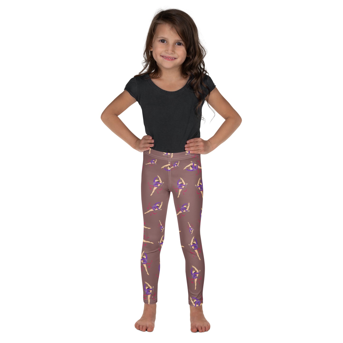 Leggings petite fille – vue de face, tissu doux et extensible - vieux rose - motif gymnaste danseuse