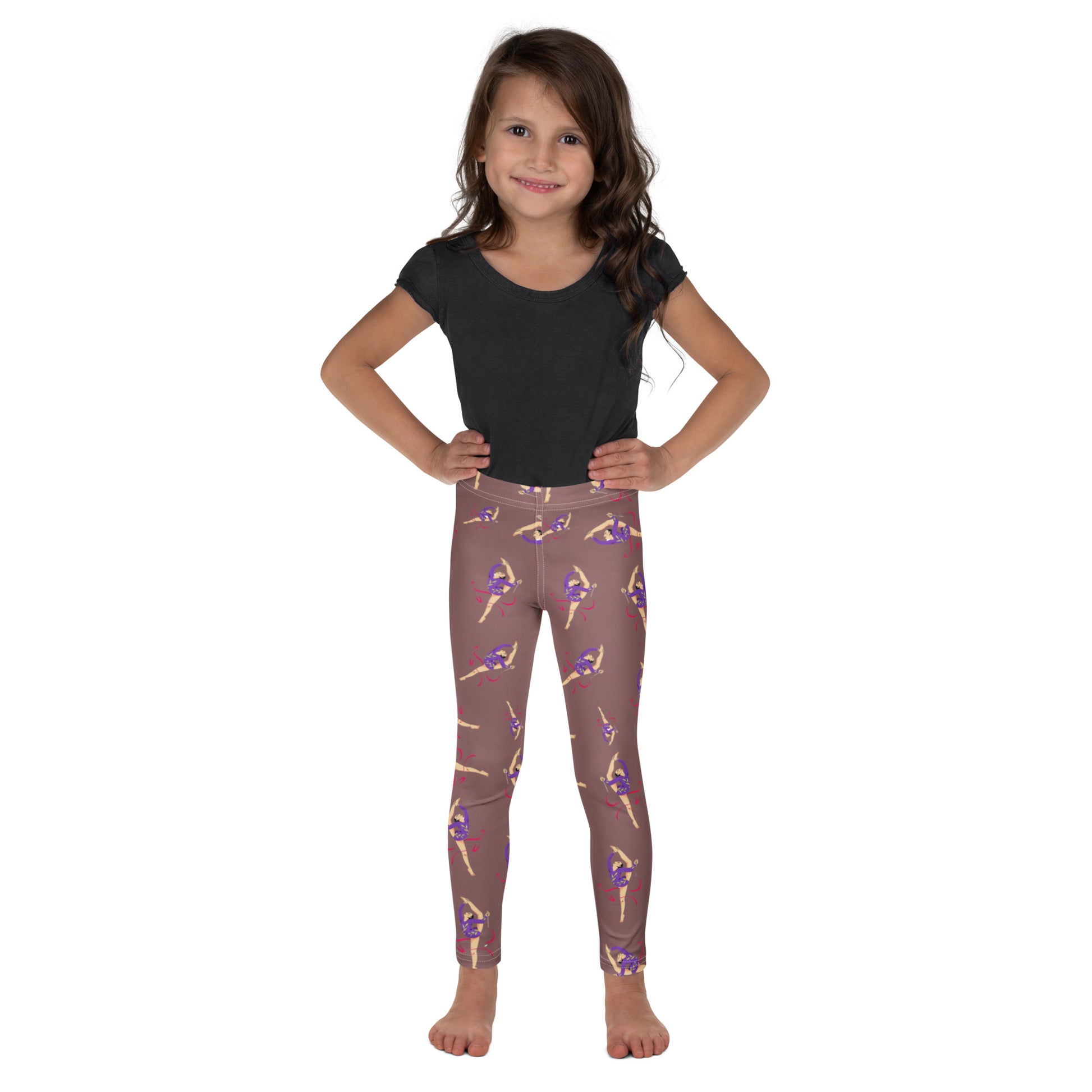Leggings petite fille – vue de face, tissu doux et extensible - vieux rose - motif gymnaste danseuse