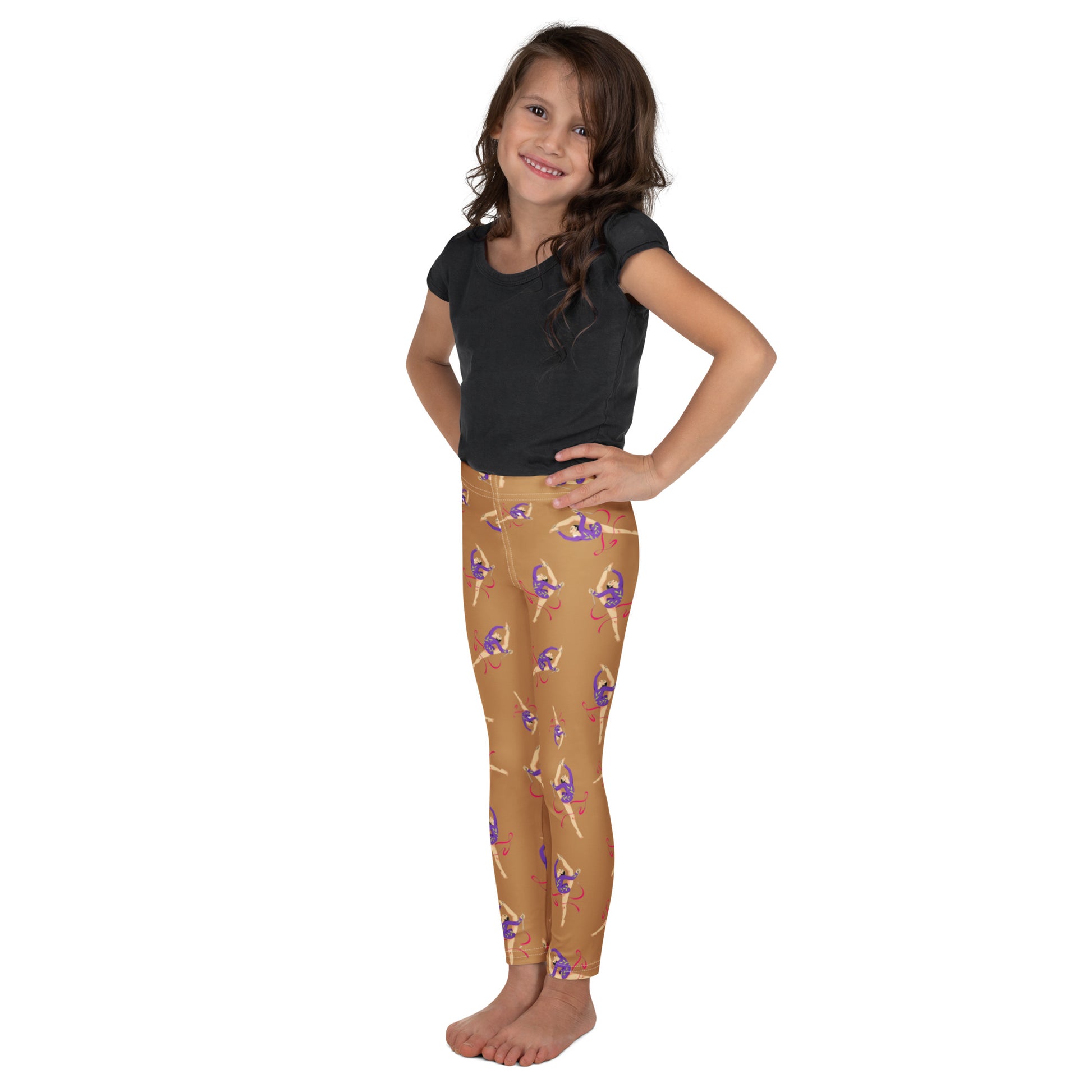 Leggings petite fille– vue de profil, confort et liberté de mouvement - Camel - motif gymnaste danseuse 