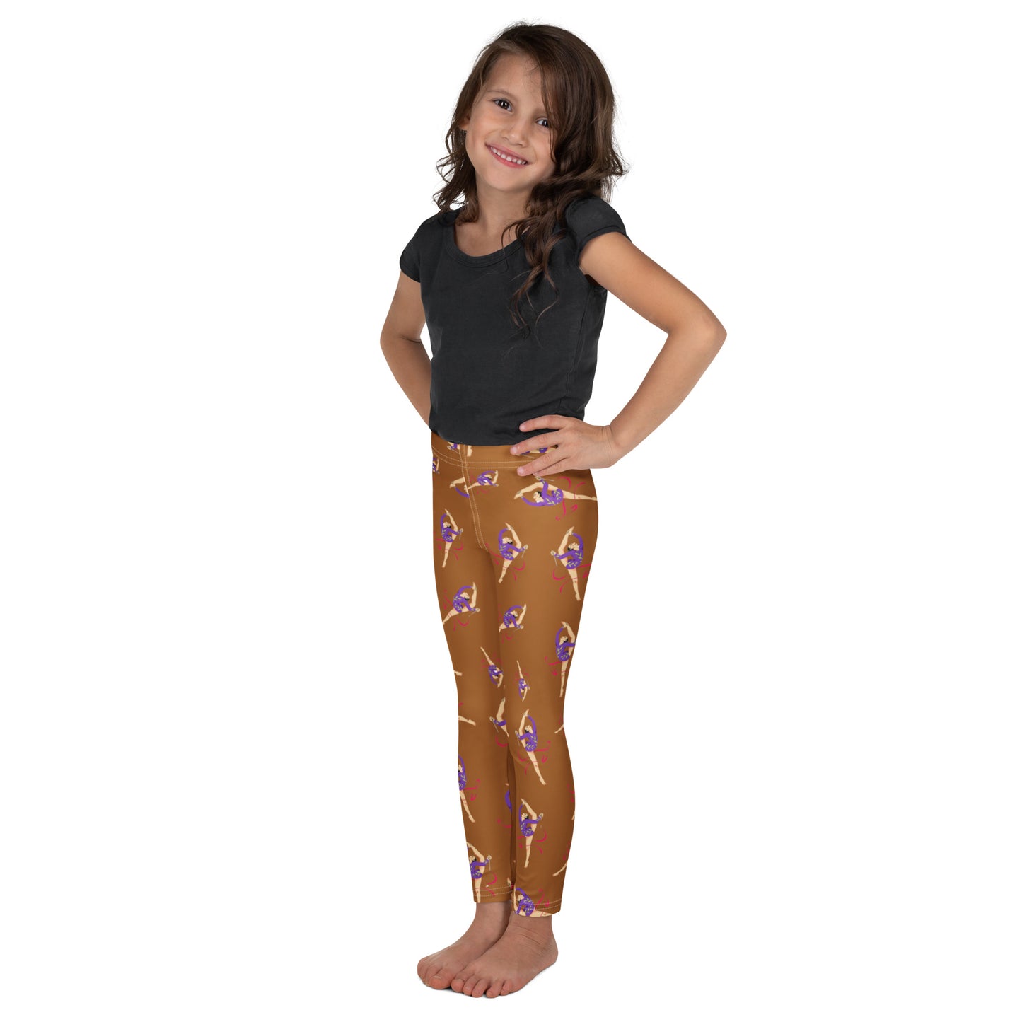 Leggings petite fille– vue de profil, confort et liberté de mouvement - Caramel - motif gymnaste danseuse 