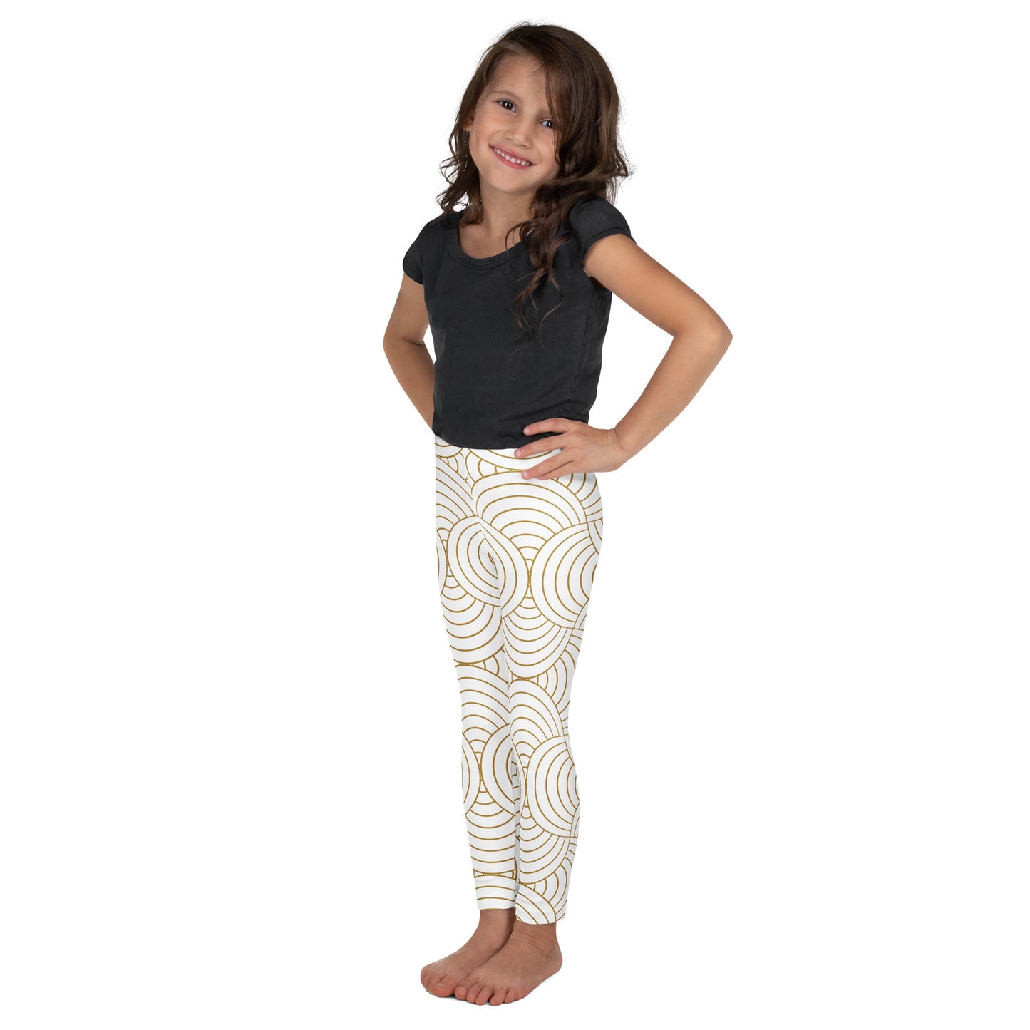 Leggings petite fille– vue de profil, confort et liberté de mouvement  - blanc et or - motif gymnaste danseuse 