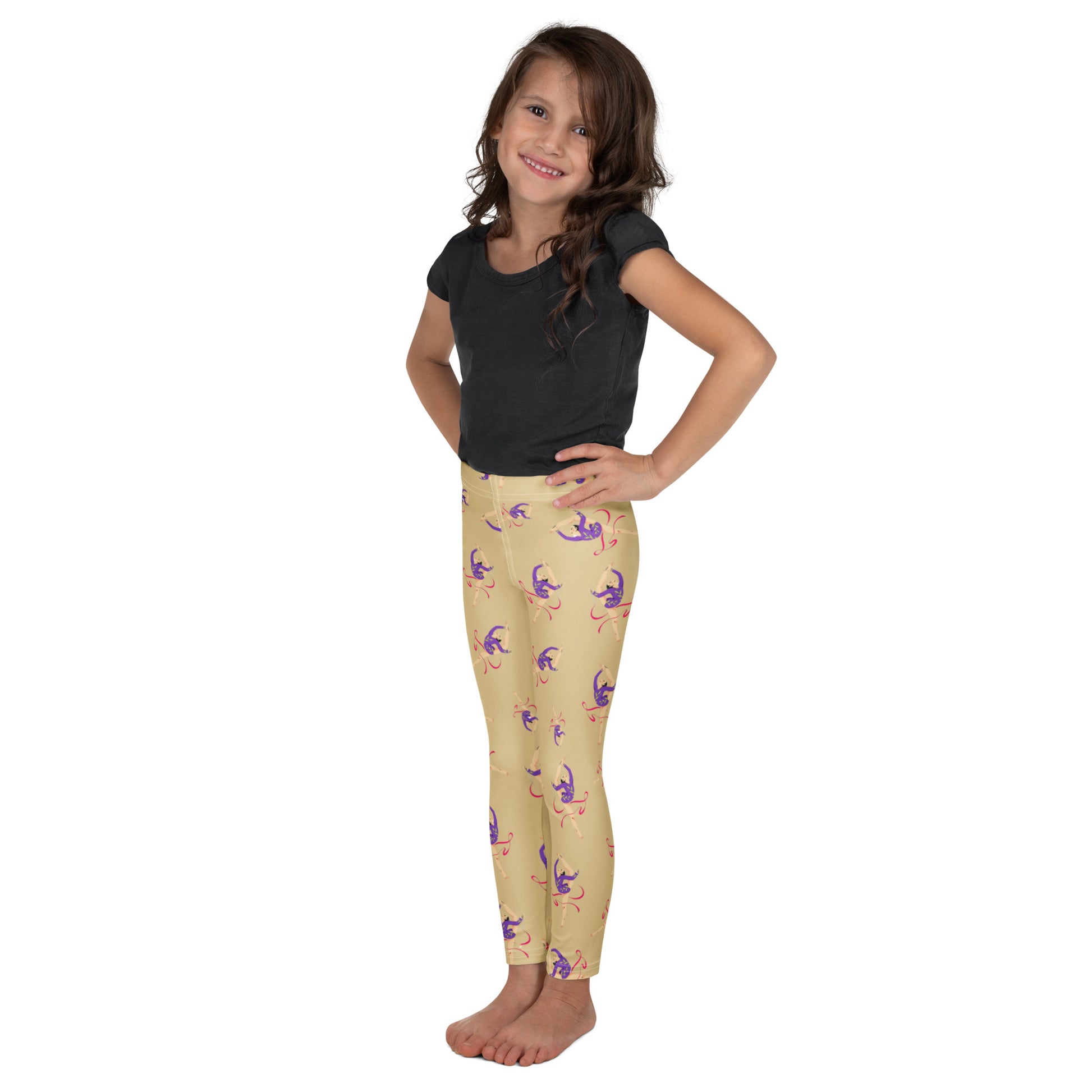 Leggings petite fille – vue de profil, confort et liberté de mouvement - jaune citron - motif gymnaste danseuse 