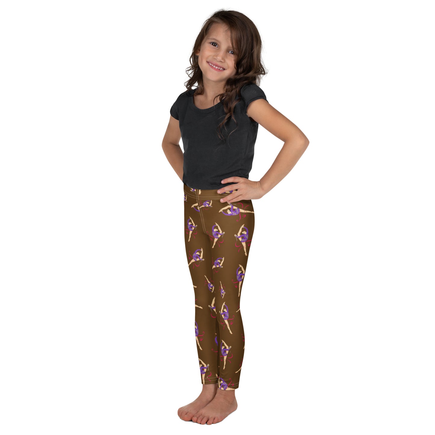 Leggings petite fille– vue de profil, confort et liberté de mouvement - marron - motif gymnaste danseuse 