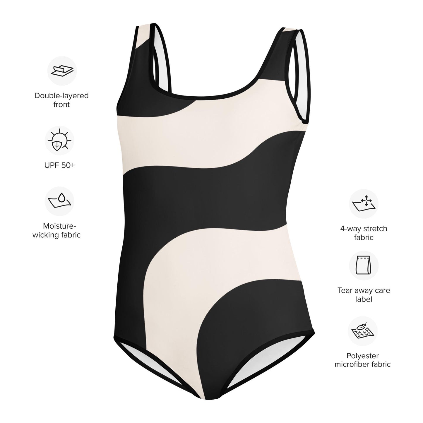 Maillot 1 pièce fille ado - beige et noir ondulations graphique minimaliste – Détail matière extensible et séchage rapide