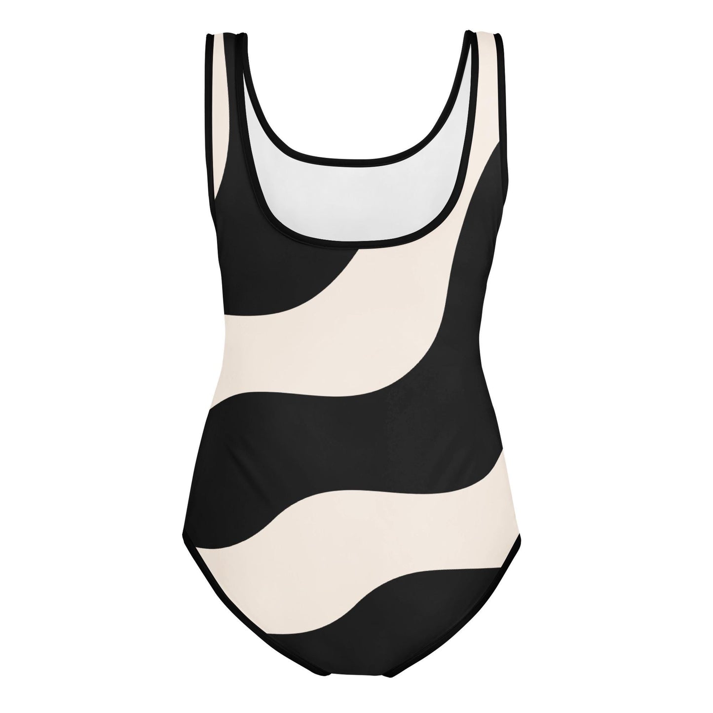 Maillot 1 pièce fille ado - beige et noir ondulations graphique minimaliste – Gros plan encolure/ourlets, maillot 
