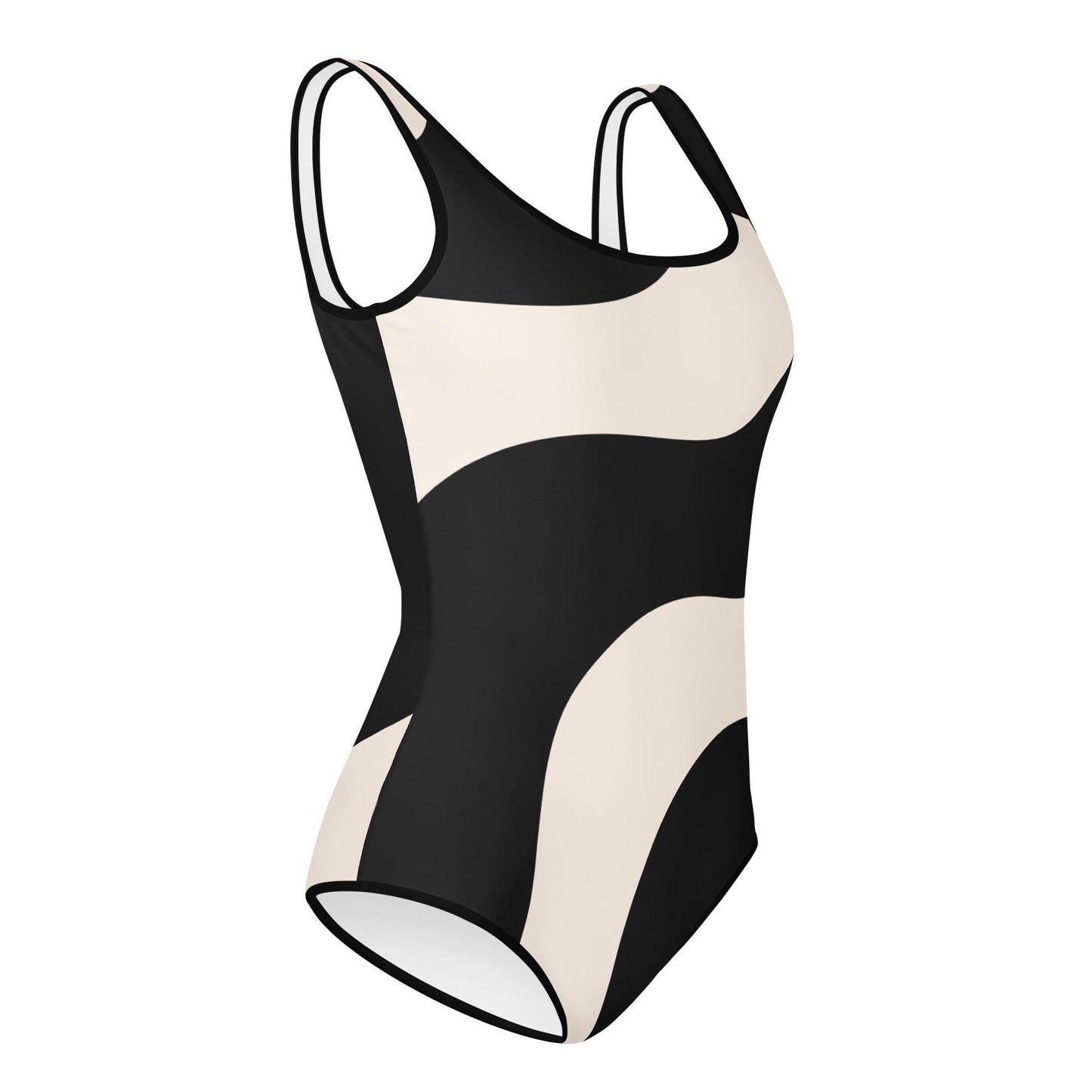 Maillot 1 pièce fille ado - beige et noir ondulations graphique minimaliste –	Porté piscine/plage – silhouette mise en valeur