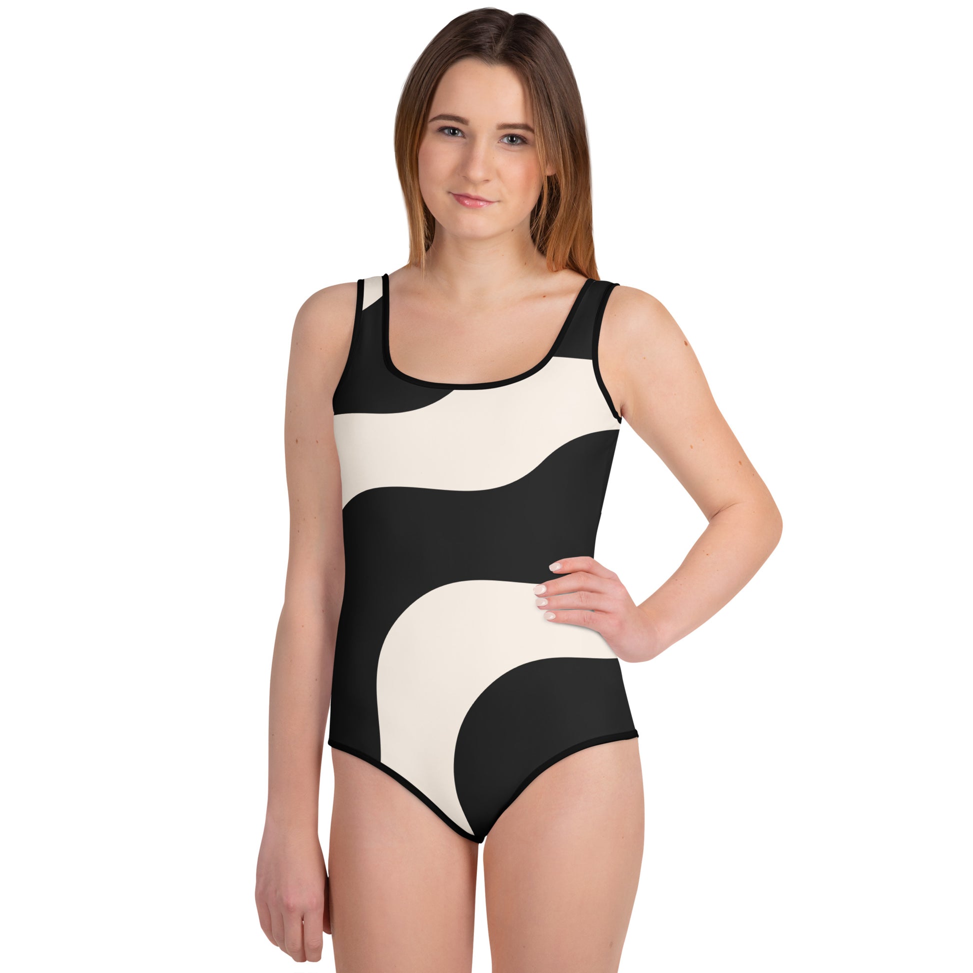 Maillot 1 pièce fille ado - beige et noir ondulations graphique minimaliste – vue de face, maintien confortable