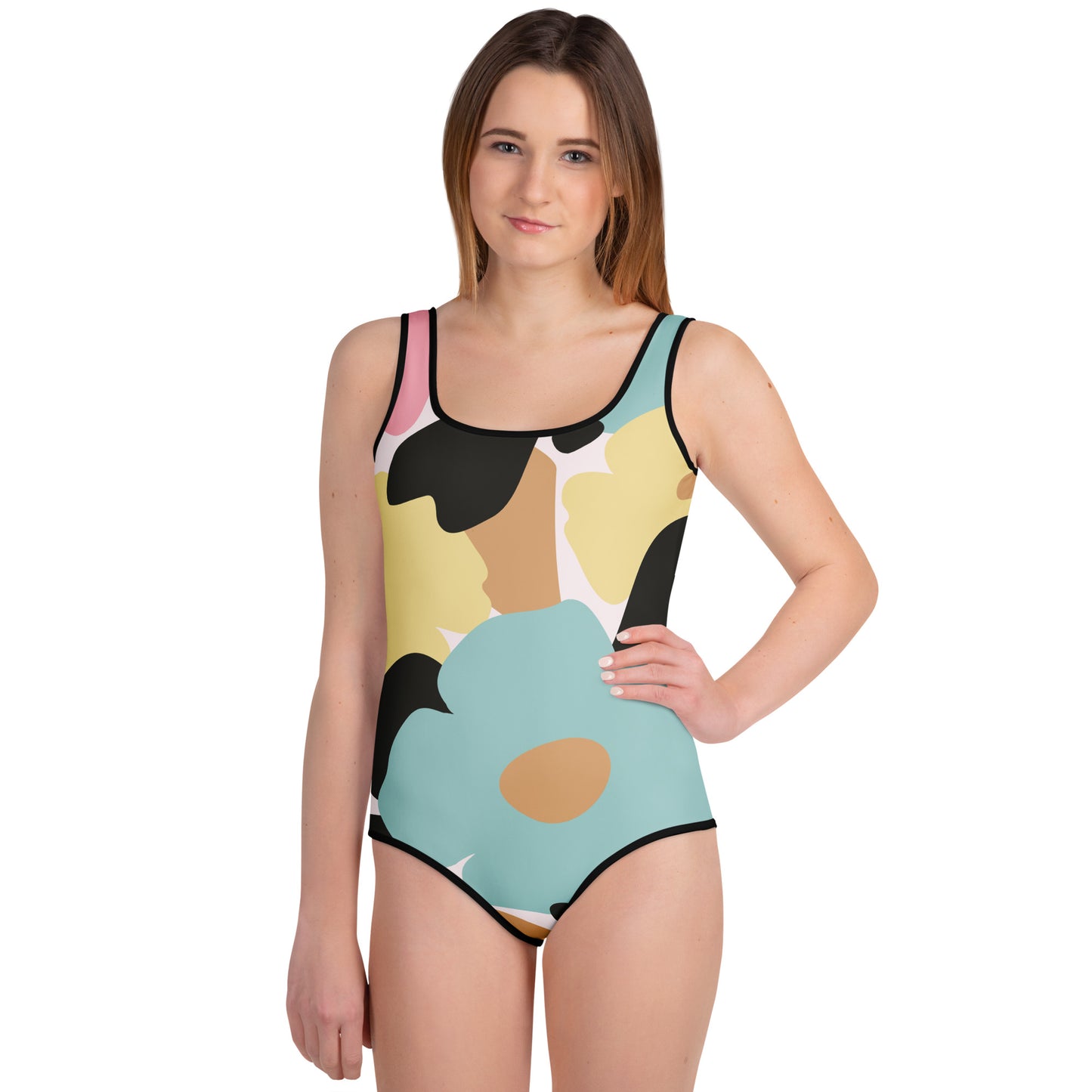 Maillot 1 pièce fille ado - fleuri pastel nature minimaliste – vue de face, maintien confortable
