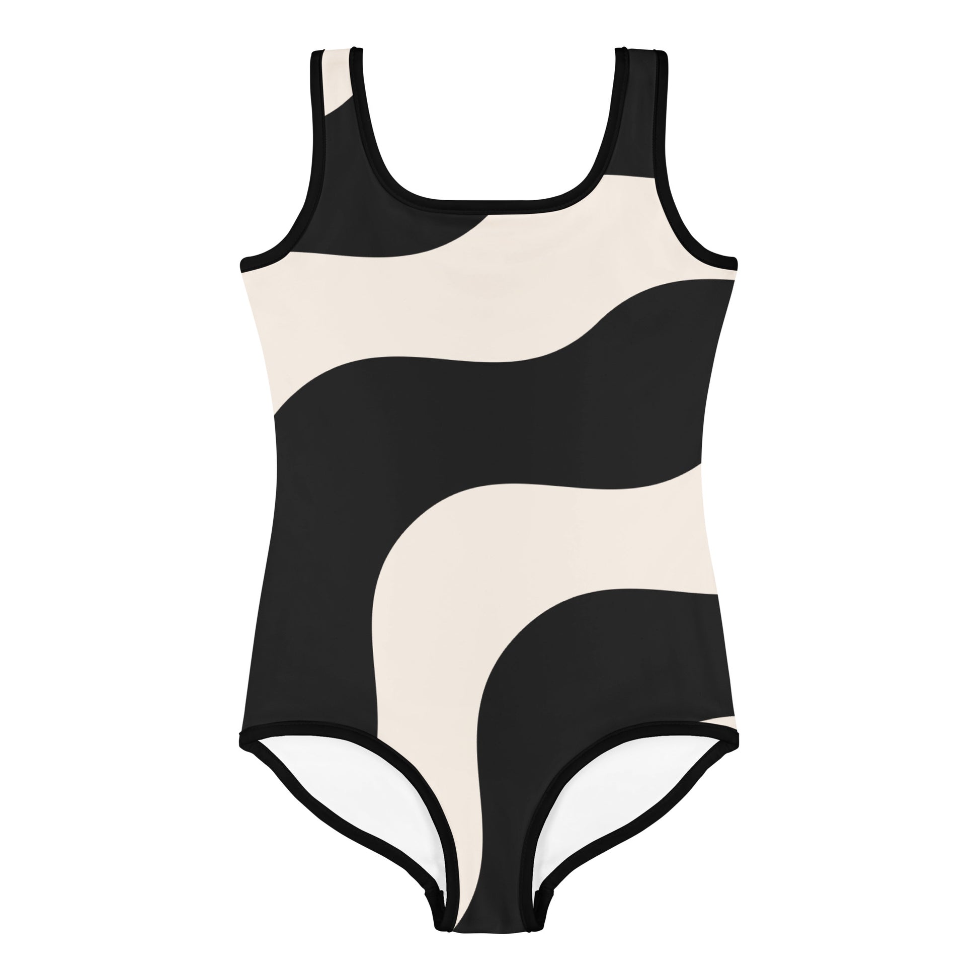 Maillot de bain enfant - beige et noir à ondulations, graphique, minimaliste – 	Gros plan encolure/ourlets, maillot 1 pièce
