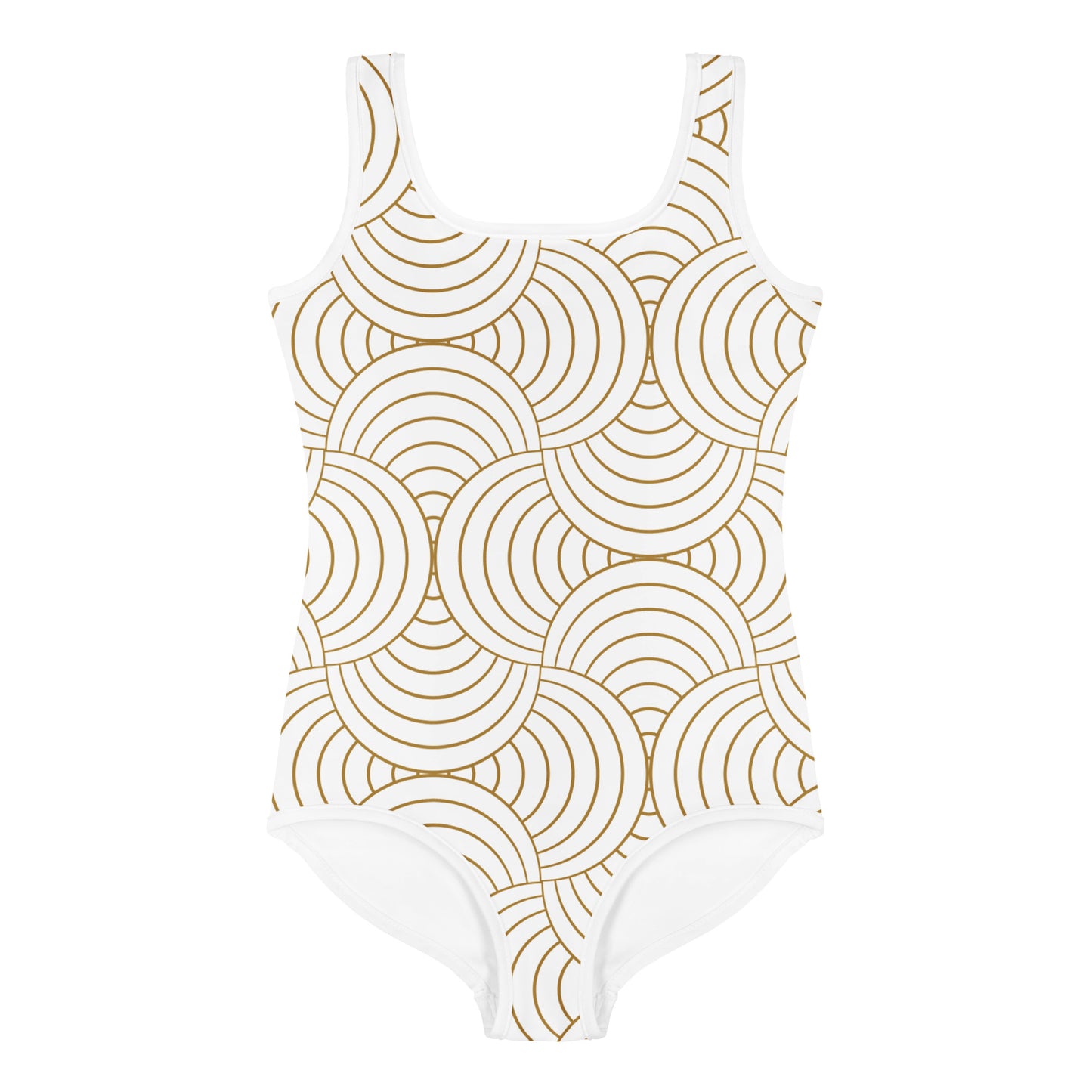 Maillot de bain enfant - blanc et or à spirales, graphique, minimaliste – Gros plan encolure/ourlets, maillot 1 pièce