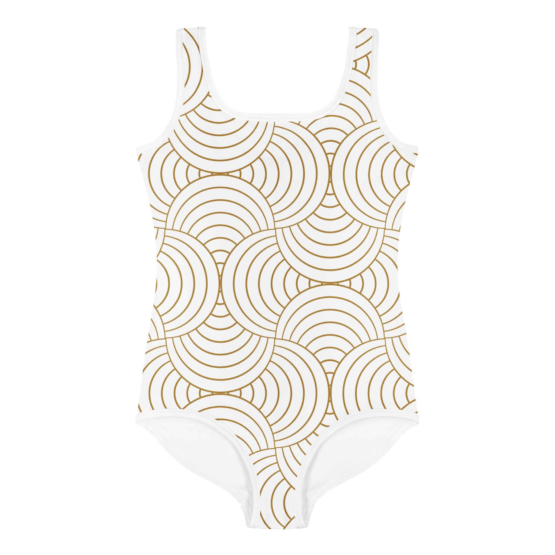 Maillot de bain enfant - blanc et or à spirales, graphique, minimaliste – Gros plan encolure/ourlets, maillot 1 pièce