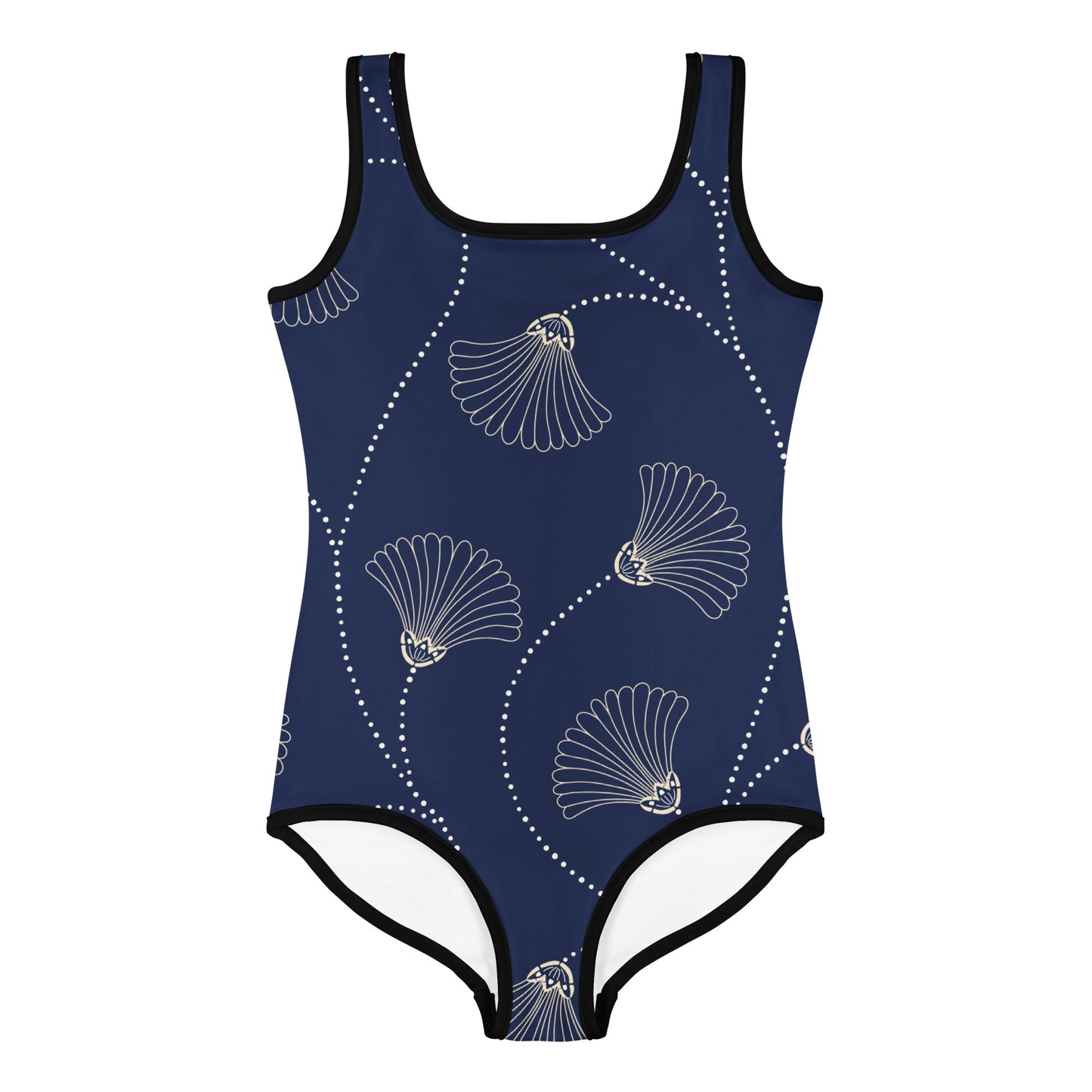 Maillot de bain enfant - bleu fleuri minimaliste – Gros plan encolure/ourlets, maillot 1 pièce