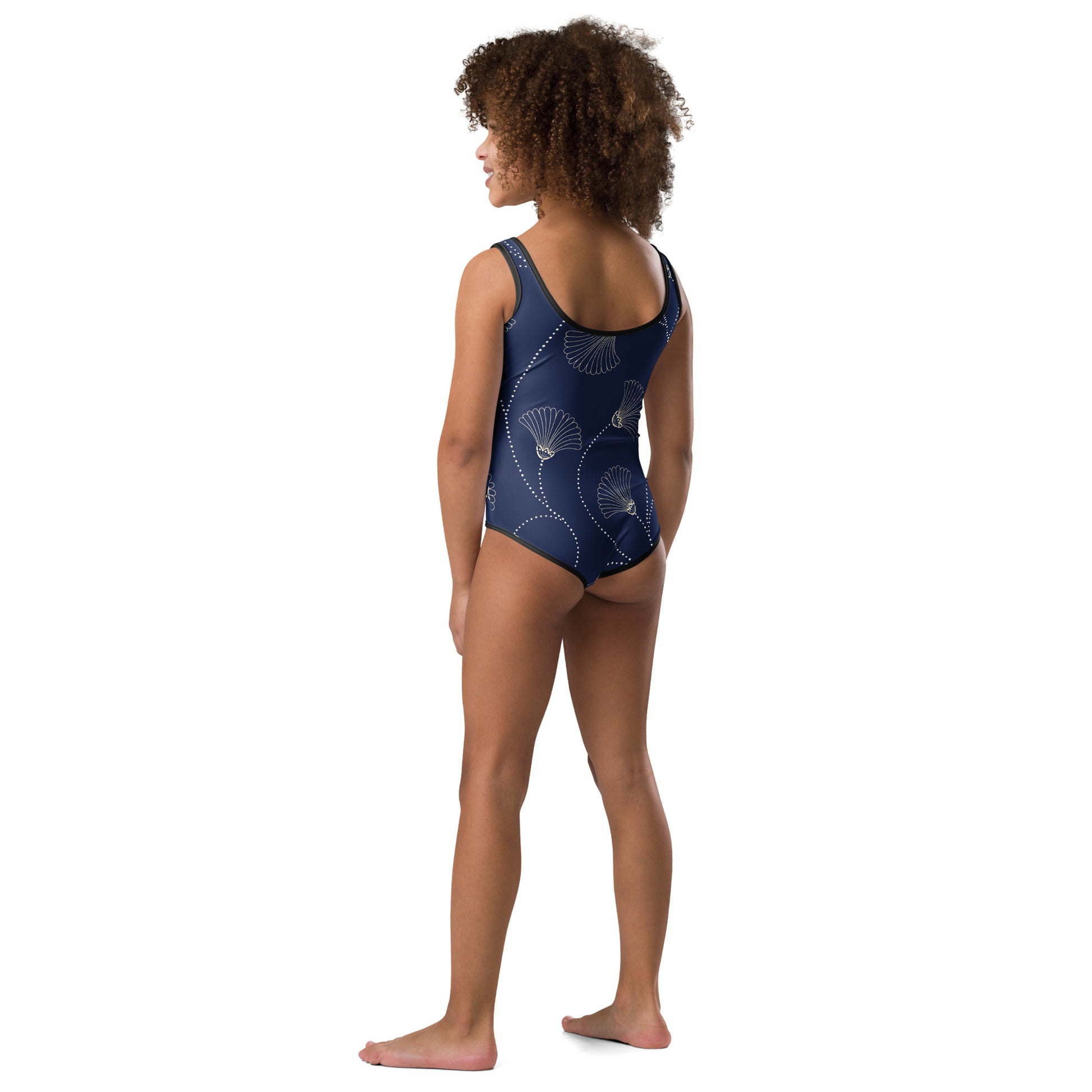 Maillot de bain enfant - bleu fleuri, nature minimaliste – vue de dos, finitions propres