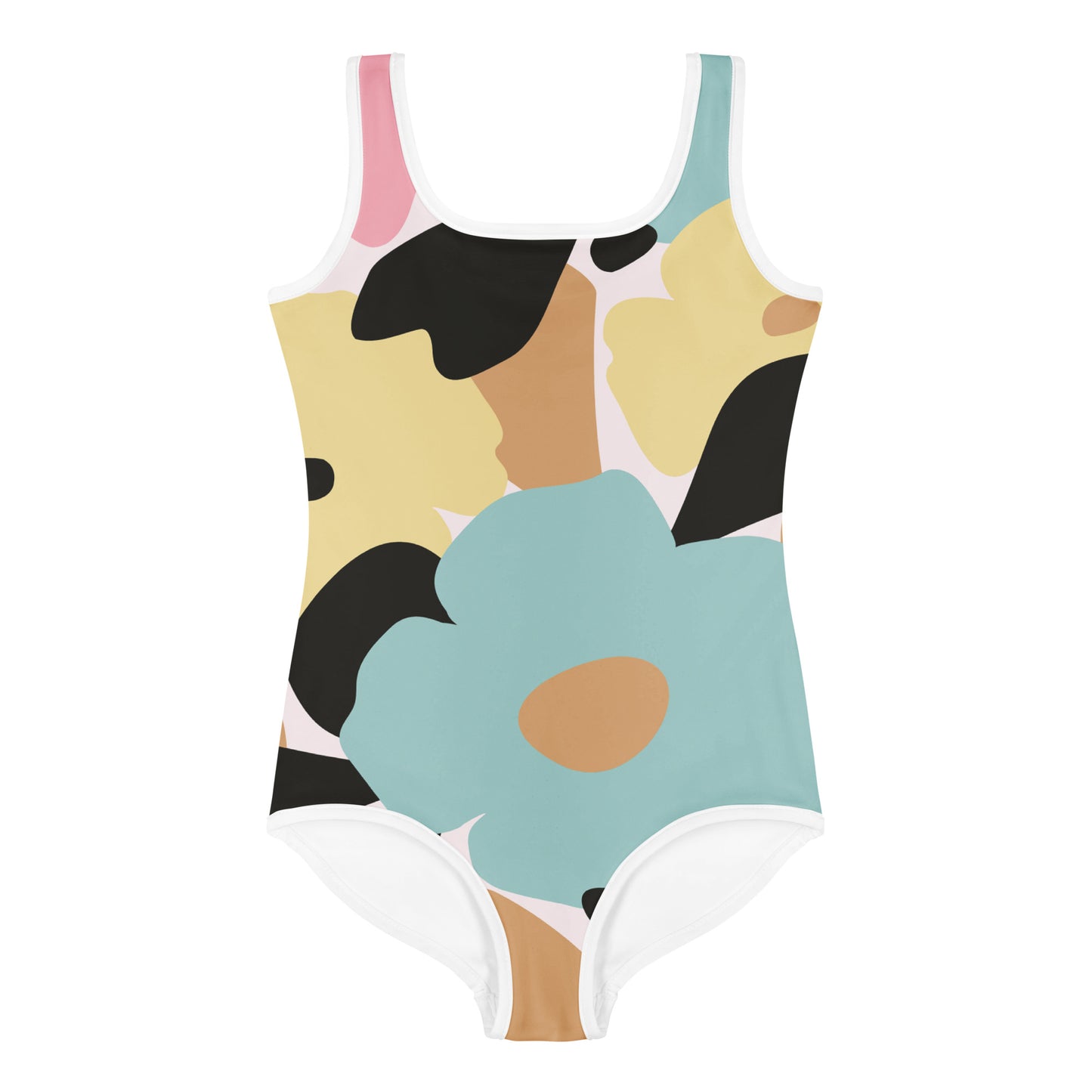 Maillot de bain enfant - fleuri pastel, nature minimaliste – Gros plan encolure/ourlets, maillot 1 pièce