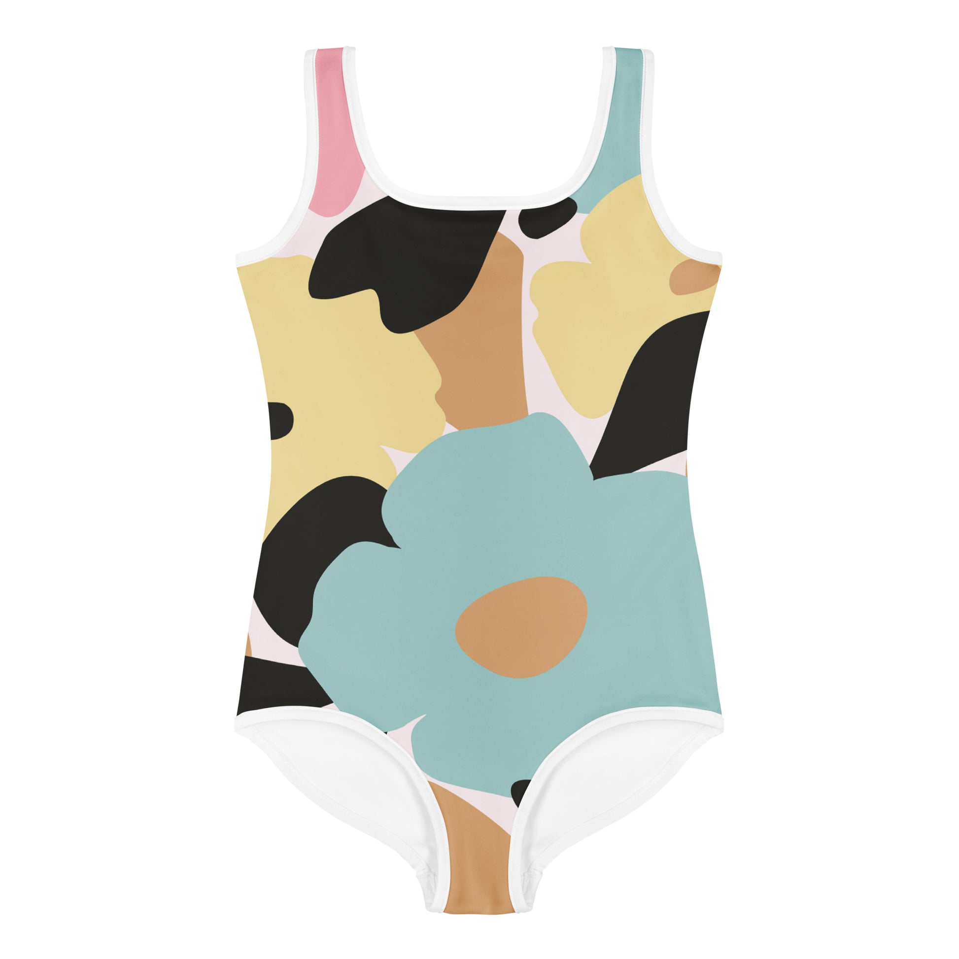 Maillot de bain enfant - fleuri pastel, nature minimaliste – Gros plan encolure/ourlets, maillot 1 pièce