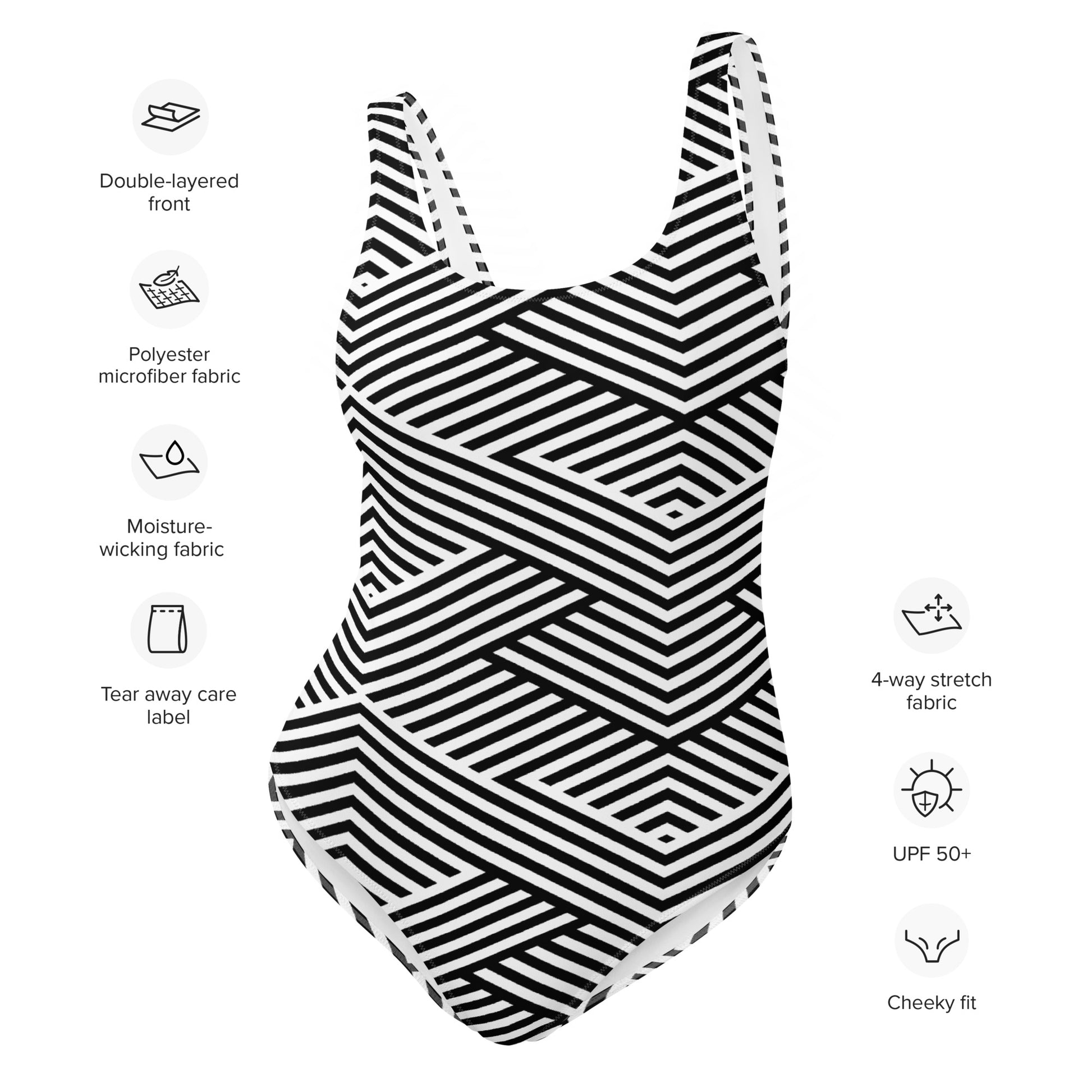 Maillot de bain une pièce femme  - blanc et noir  graphique à rayures minimaliste -Détail matière extensible et séchage rapide, toucher doux