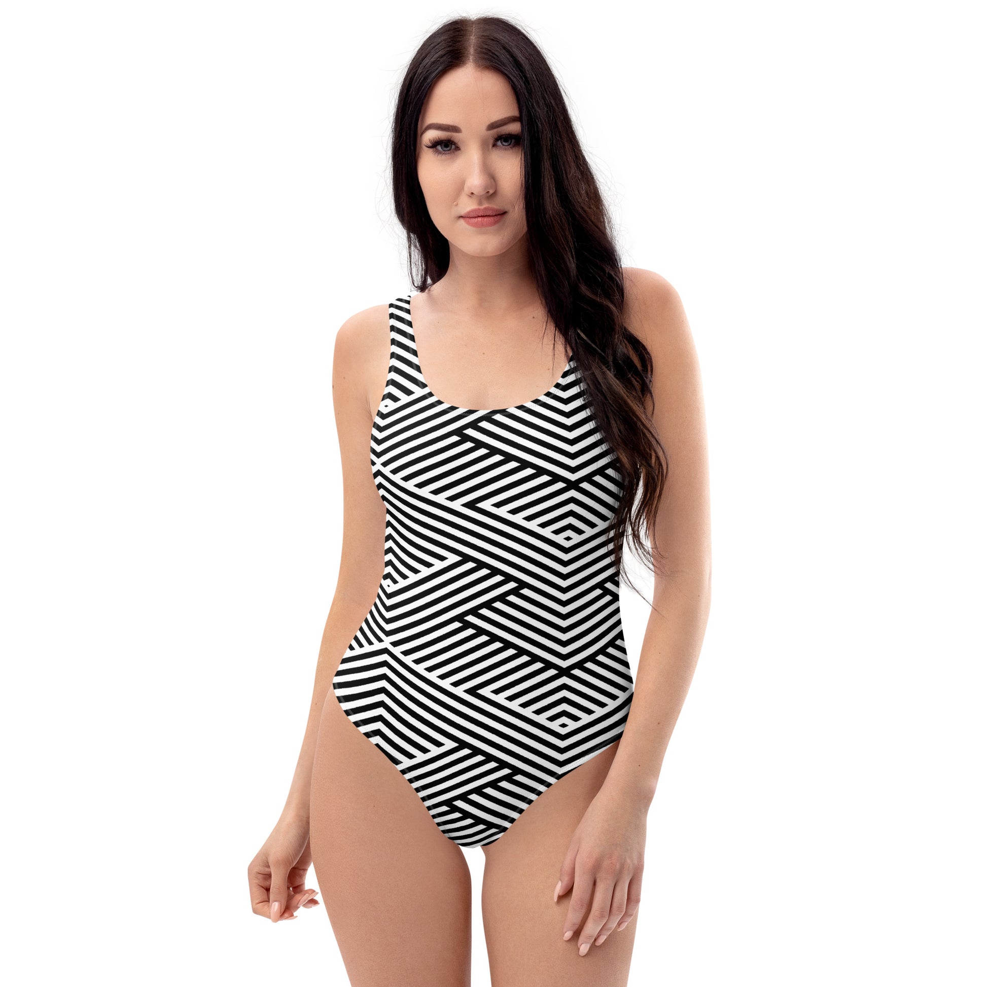 Maillot de bain une pièce femme  - blanc et noir  graphique à rayures minimaliste  – vue de face, coupe épurée et maintien