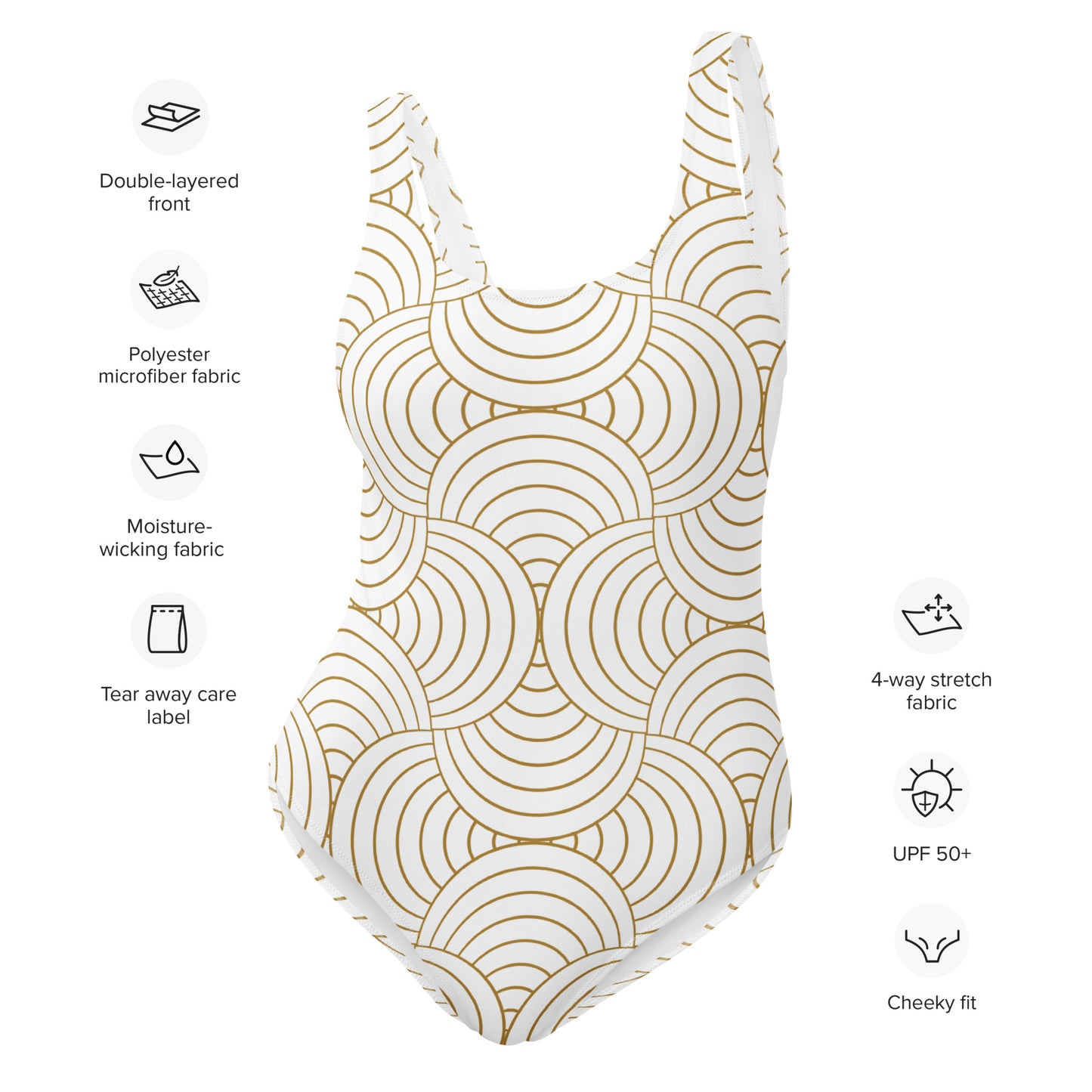 Maillot de bain une pièce femme  - blanc et or  graphique minimaliste -Détail matière extensible et séchage rapide, toucher doux