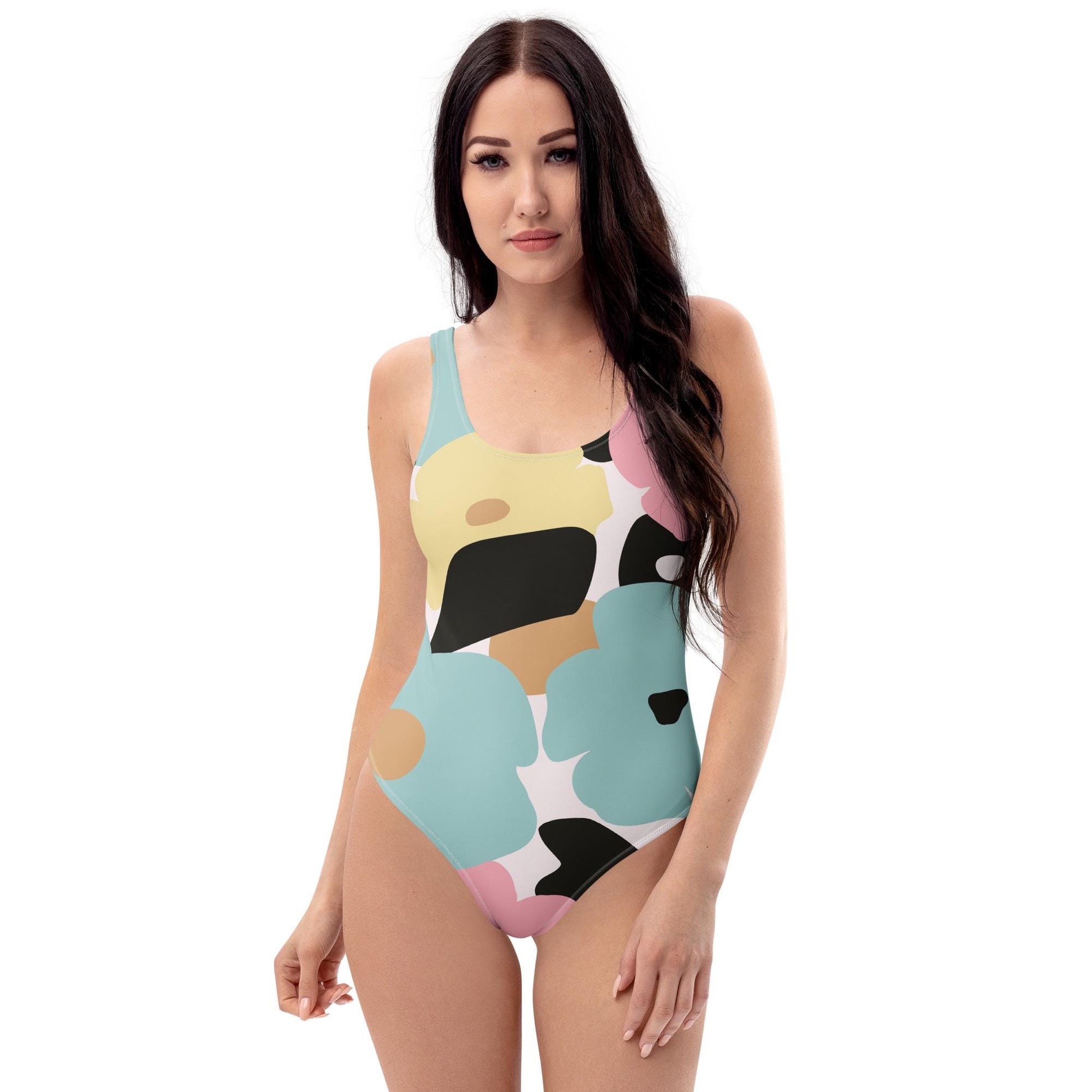 Maillot de bain une pièce femme  - fleuri pastel nature minimaliste  – vue de face, coupe épurée et maintien