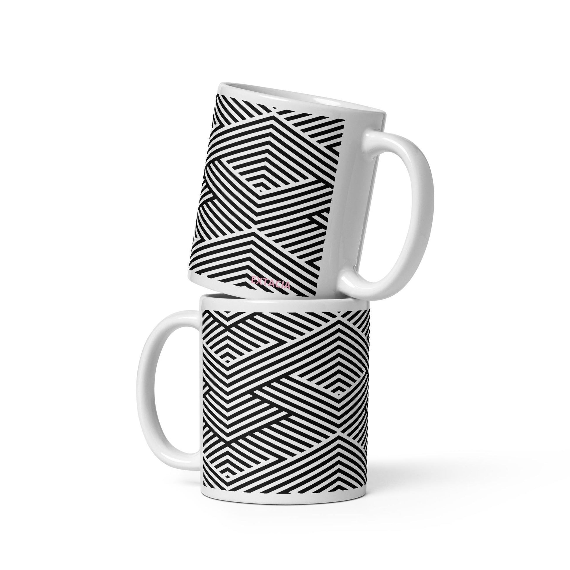 Mug en céramique 11 oz –  Blanc Noir à rayures minimaliste – vue arrière, format généreux pour boisson chaude