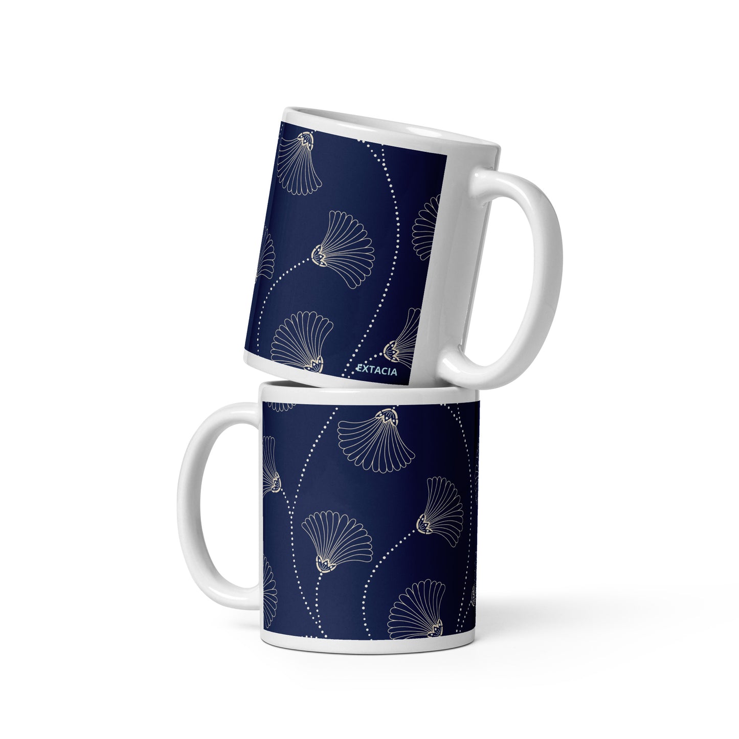 Mug en céramique 11 oz design bleu fleuri nature minimaliste – vue arrière, format généreux pour boisson chaude