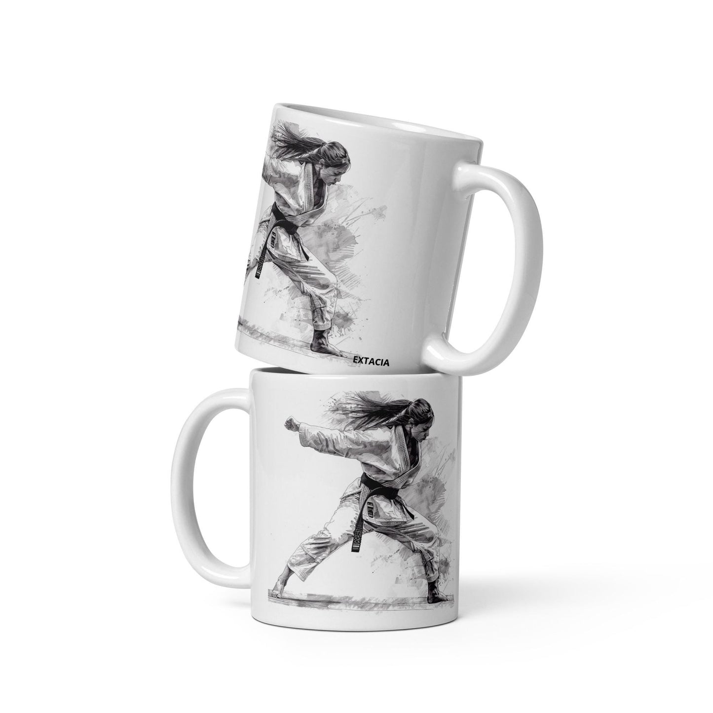 Mug en céramique 11 oz design graphique  – Blanc – Dessin Femme Judoka – vue arrière, format généreux pour boisson chaude