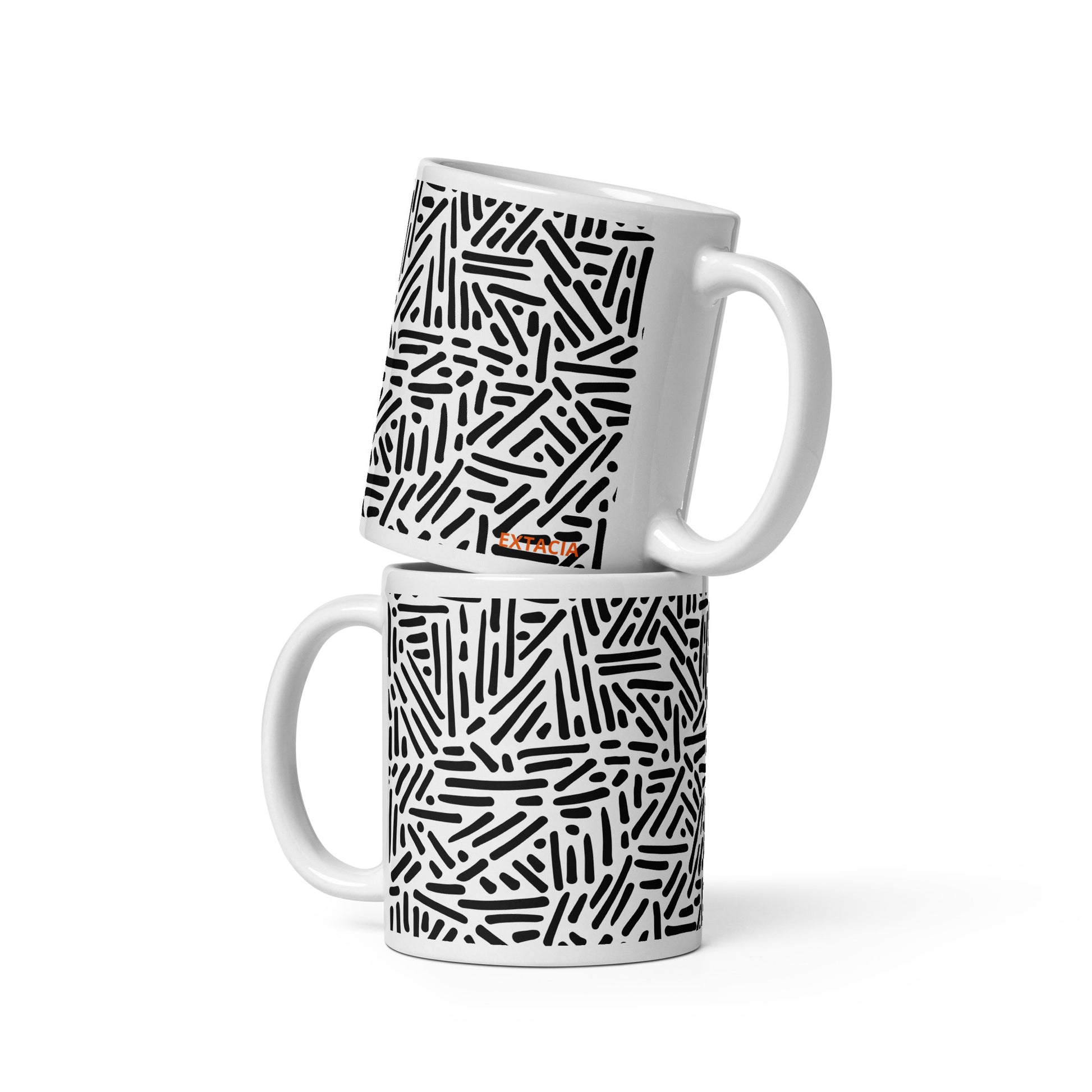 Mug en céramique 11 oz design graphique –  Blanc et Noir, dessin traits et points graphique minimaliste – vue arrière, format généreux pour boisson chaude