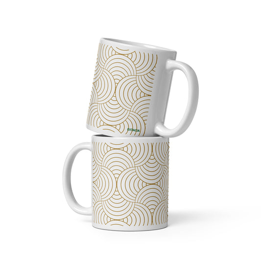 Mug en céramique 11 oz design graphique –  Blanc et Or à spirales minimaliste – vue arrière, format généreux pour boisson chaude