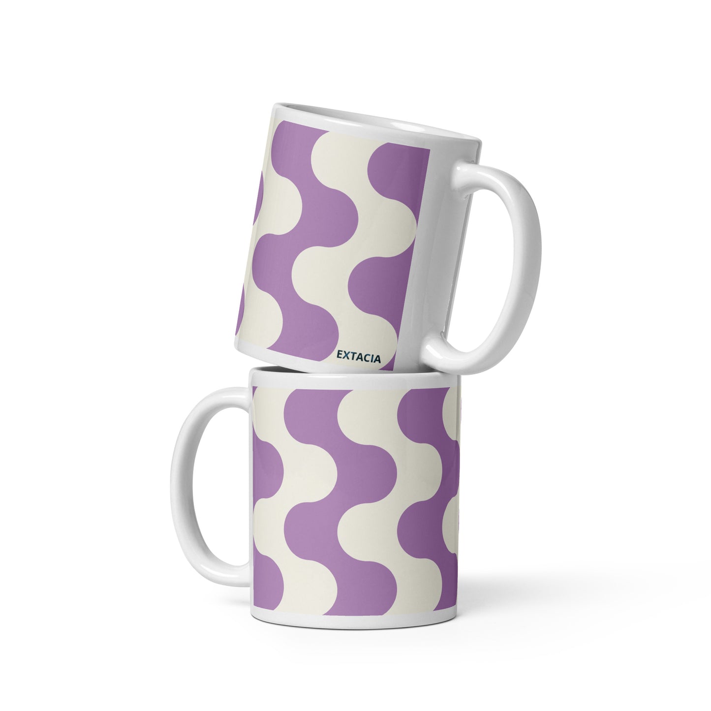Mug en céramique 11 oz design graphique –  Blanc et Violet à ondulations minimaliste  - vue arrière, format généreux pour boisson chaude