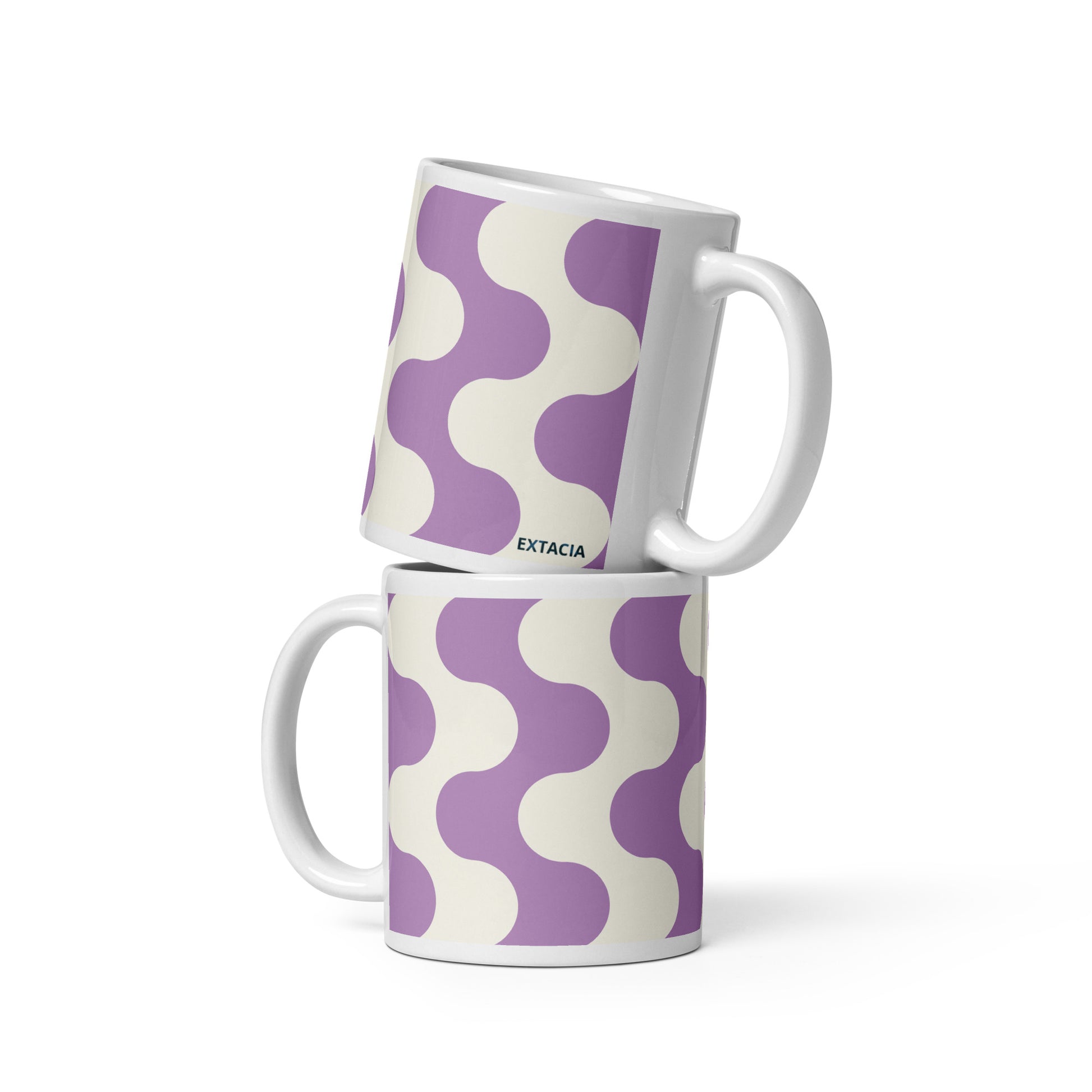 Mug en céramique 11 oz design graphique –  Blanc et Violet à ondulations minimaliste  - vue arrière, format généreux pour boisson chaude