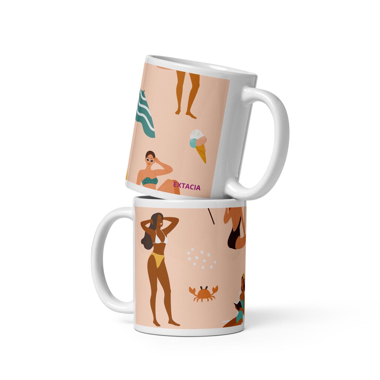 Mug en céramique 11 oz design graphique – Motif : Femmes du monde, Saumon – vue arrière, format généreux pour boisson chaude