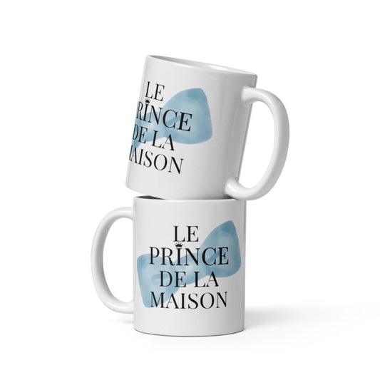 Mug en céramique 11 oz design graphique – blanc - le prince de la maison – vue arrière, format généreux pour boisson chaude