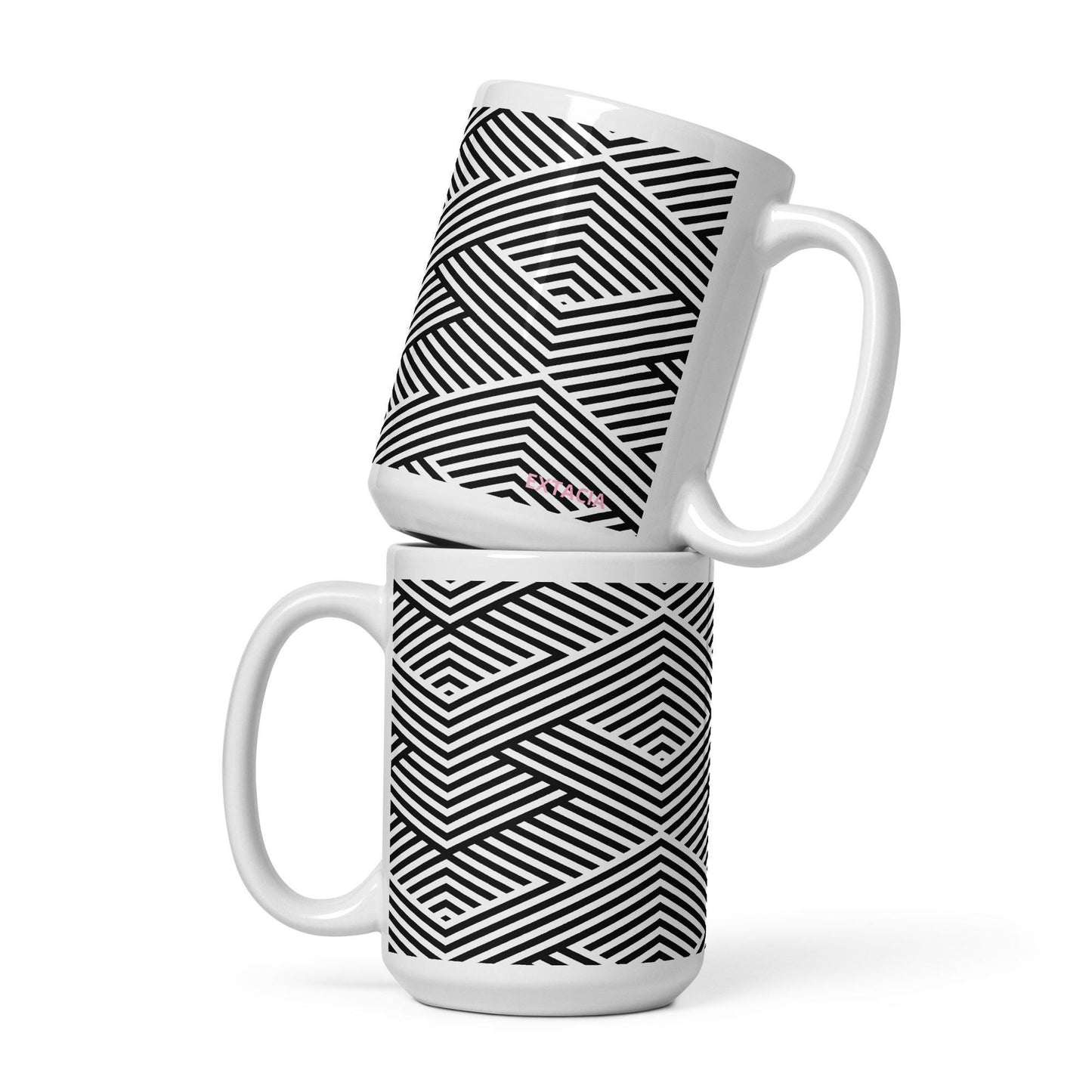 Mug en céramique 15 oz –  Blanc Noir à rayures minimaliste – profil, design graphique moderne ExtaciaFrance