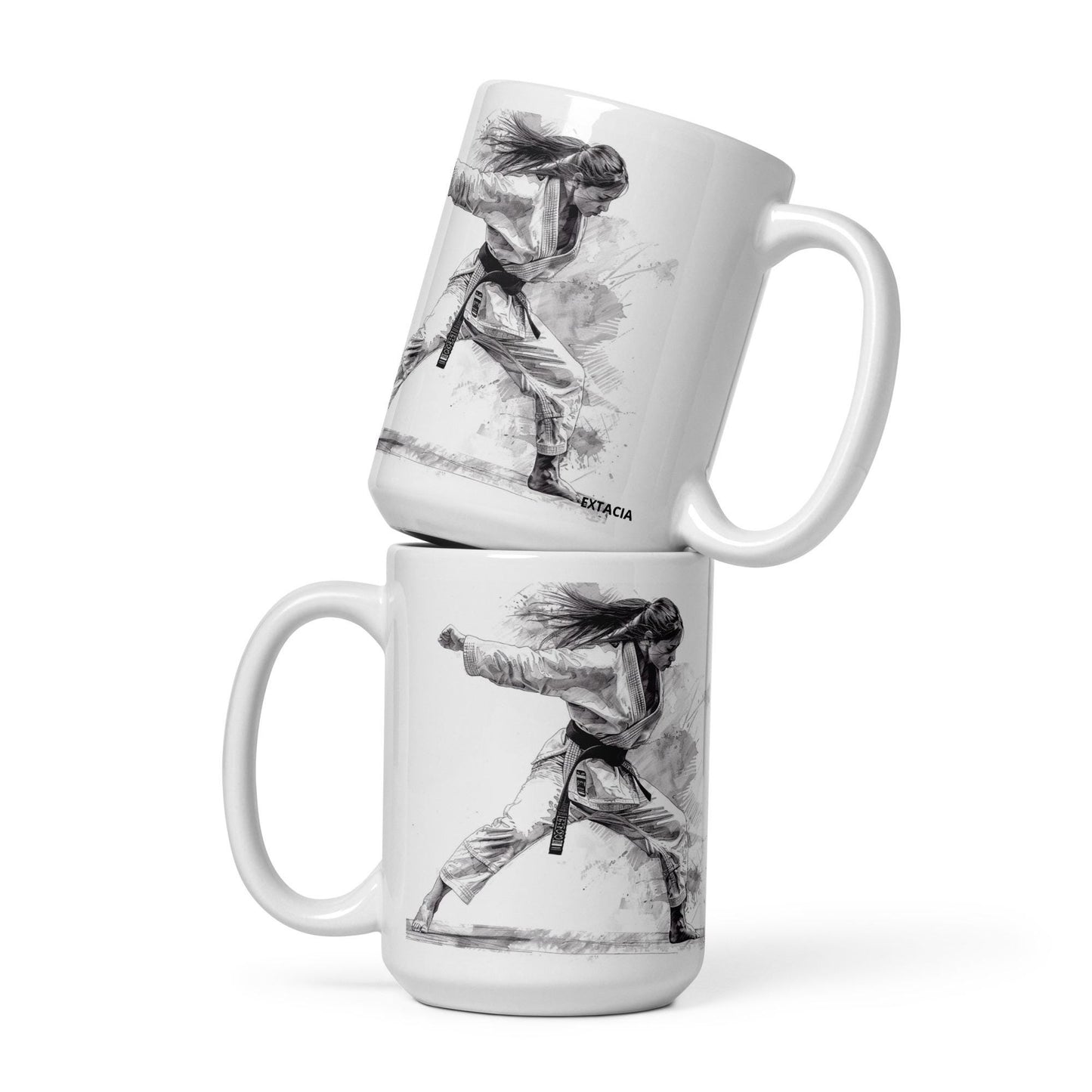 Mug en céramique 15 oz design graphique  – Blanc – Dessin Femme Judoka – profil, design graphique moderne ExtaciaFrance