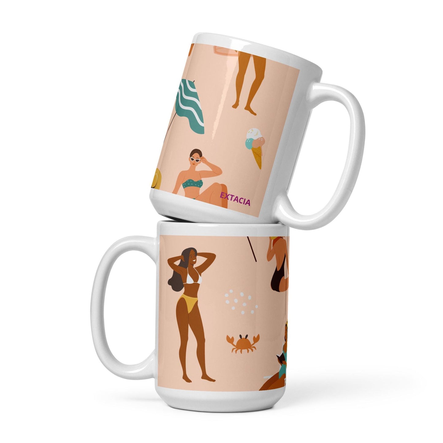 Mug en céramique 15 oz design graphique – Motif : Femmes du monde, Saumon – profil, design graphique moderne ExtaciaFrance