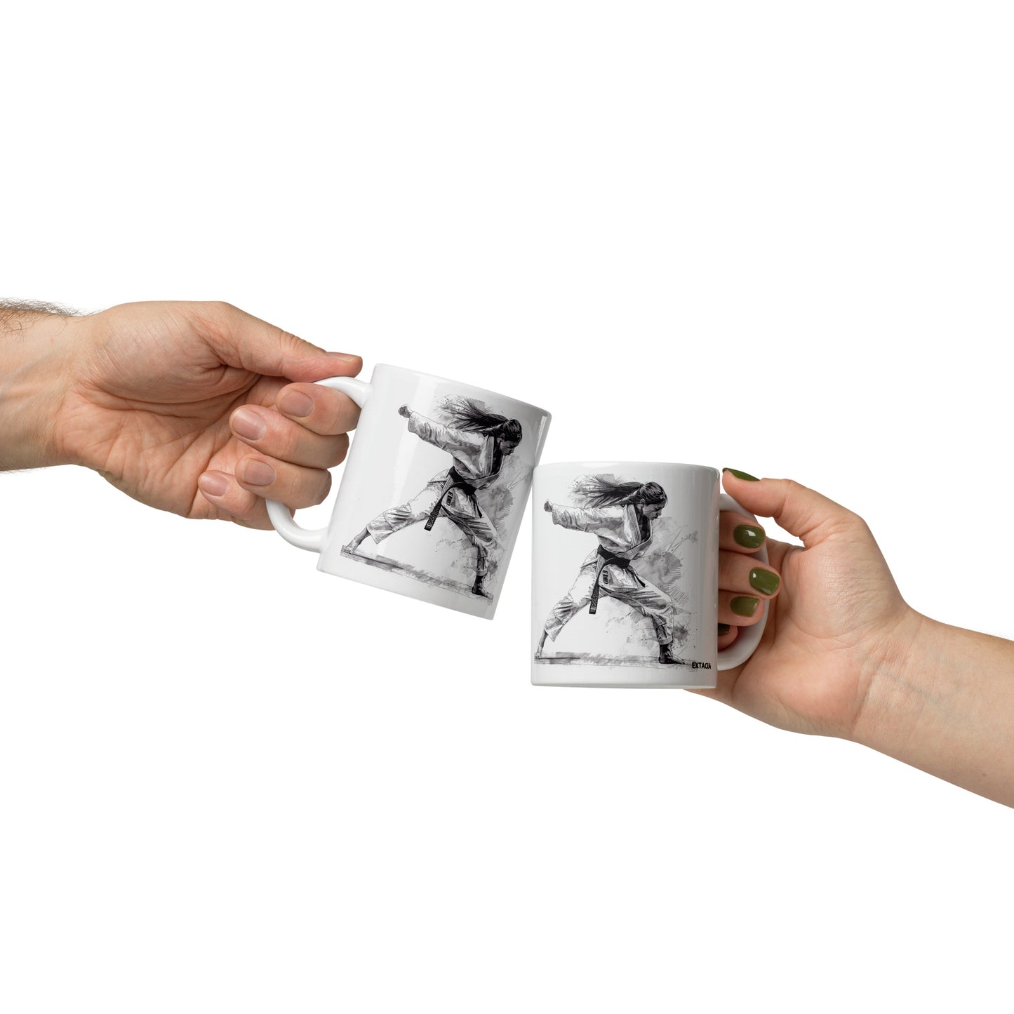 Mug en céramique design graphique  – Blanc – Dessin Femme Judoka – Détail motif graphique sur mug en céramique – couleurs et finition ExtaciaFrance