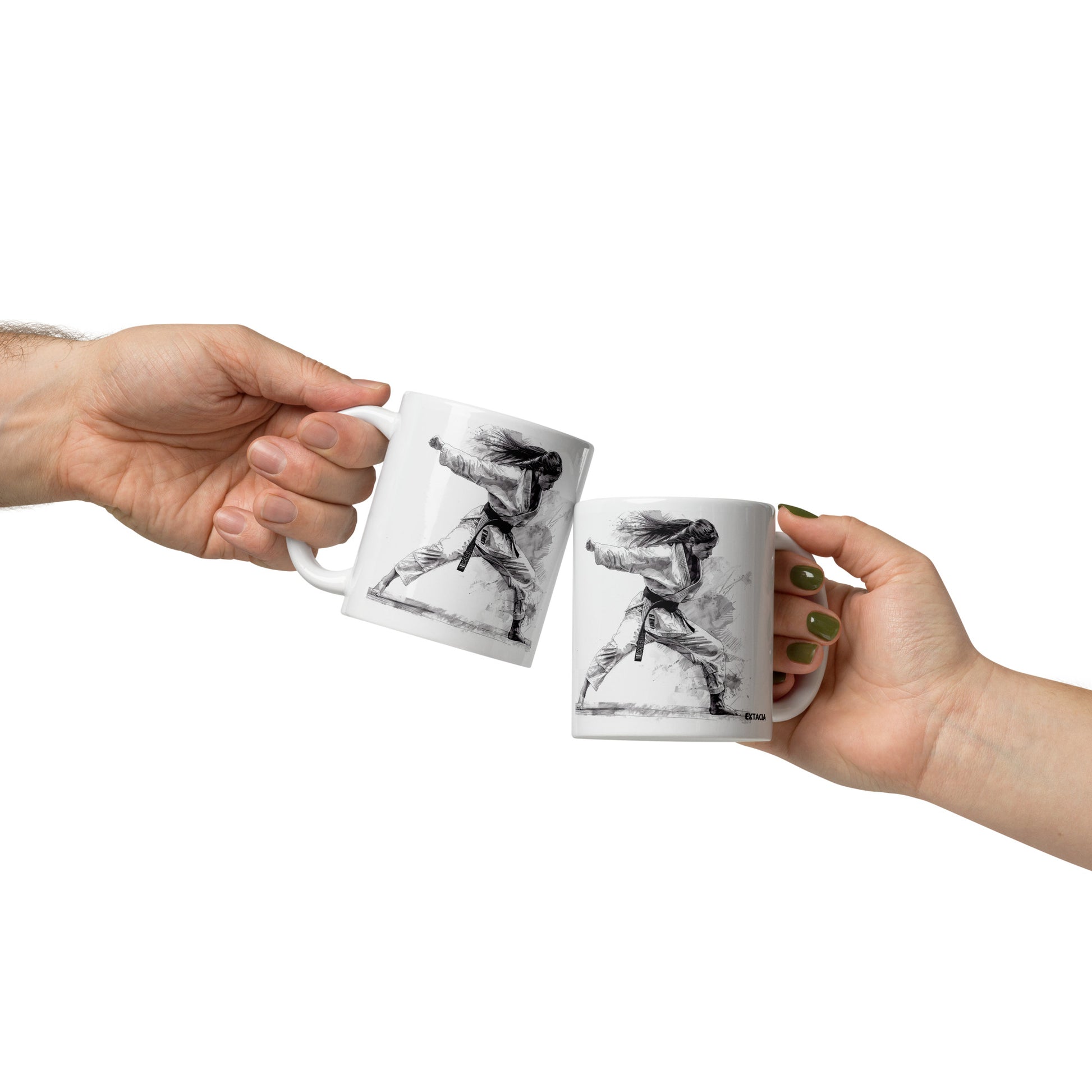 Mug en céramique design graphique  – Blanc – Dessin Femme Judoka – Détail motif graphique sur mug en céramique – couleurs et finition ExtaciaFrance