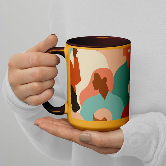 Mug intérieur coloré 15 oz – Motif : Femmes du monde, Pastel Minimaliste – vue de face, céramique élégante, intérieur bronze