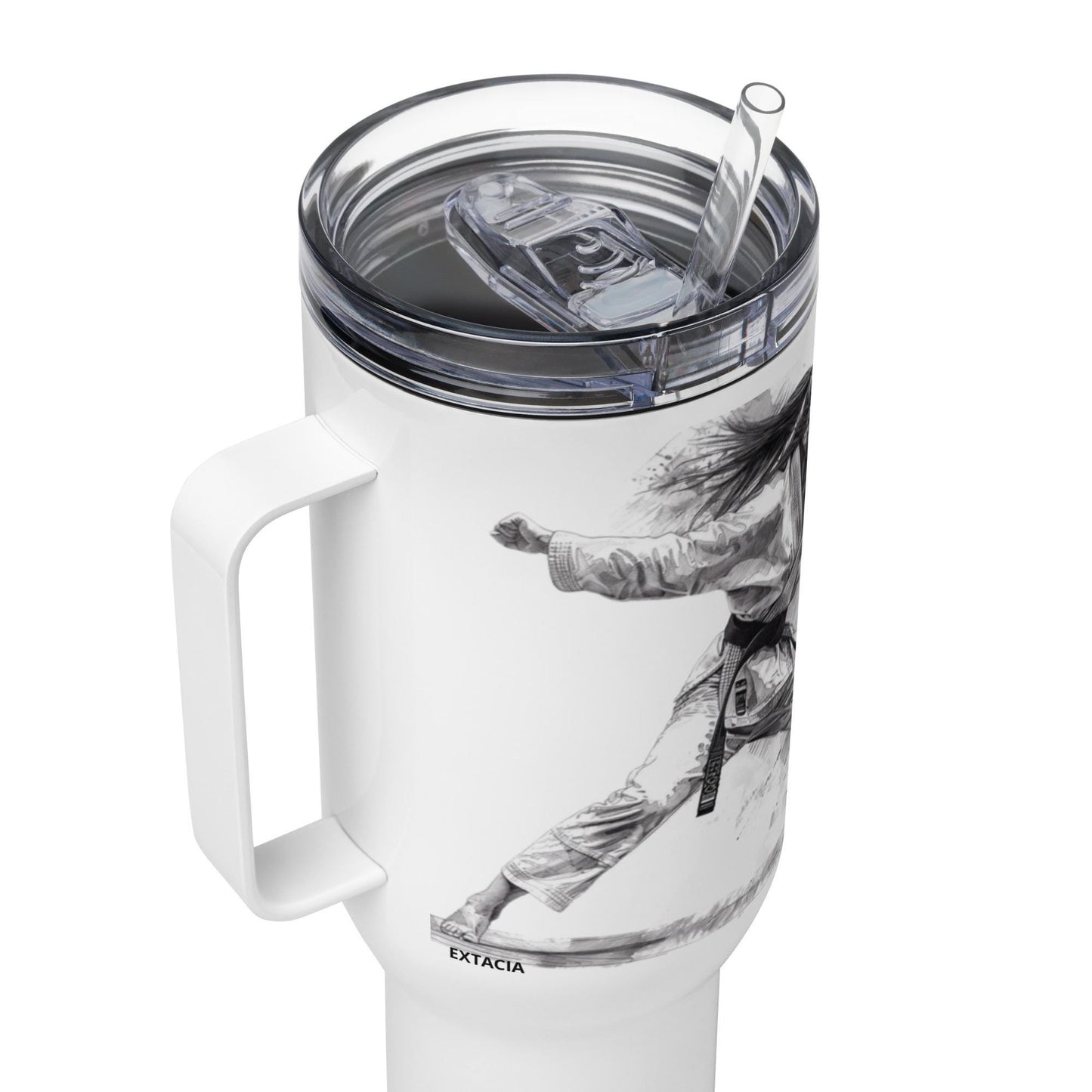 Mug isotherme inox avec anse – BLANC, FEMME JUDOKA - femmes du monde   minimaliste - Zoom couvercle et bord – Détail intérieur et paroi 