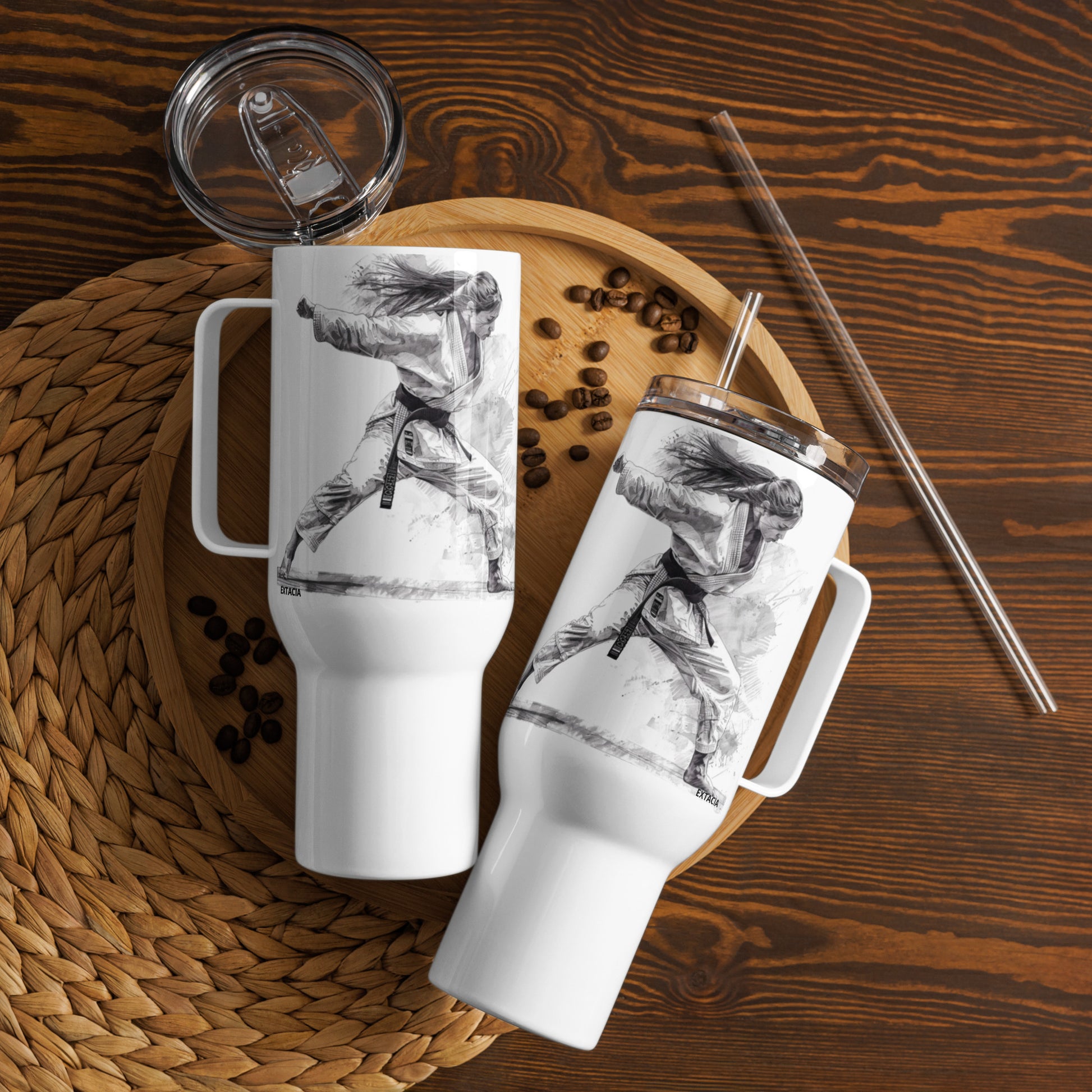 Mug isotherme inox avec anse – BLANC, FEMME JUDOKA - femmes du monde   minimaliste - double-paroi durable et design floral élégant