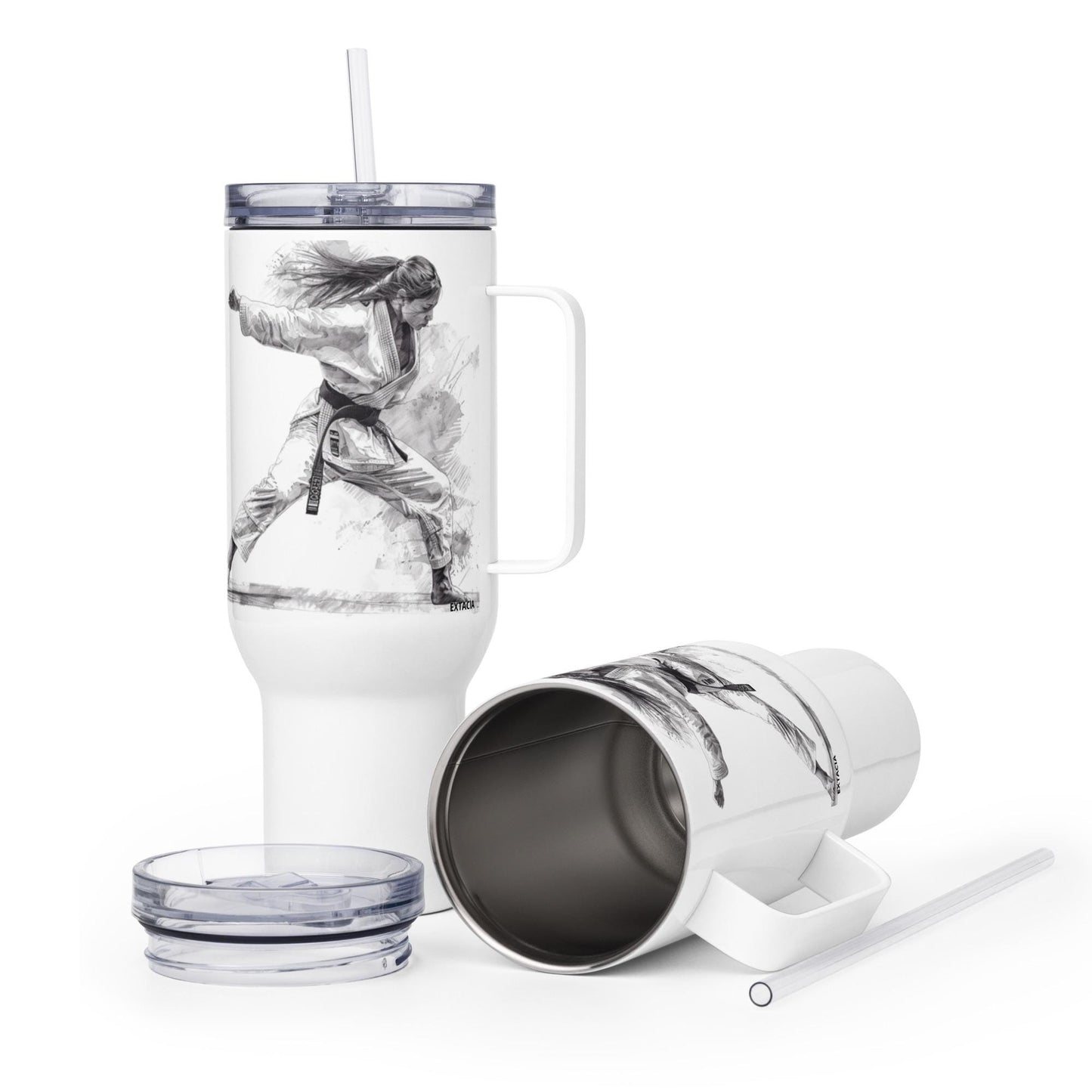 Mug isotherme inox avec anse – BLANC, FEMME JUDOKA - femmes du monde   minimaliste – finition acier inoxydable motif floral moderne