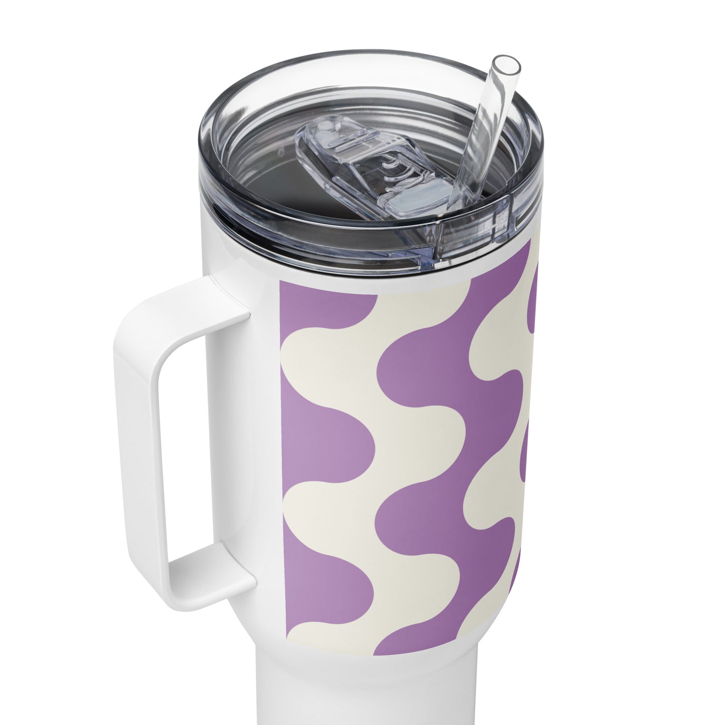 Mug isotherme inox avec anse – blanc et violet, graphique minimaliste - Zoom couvercle et bord – Détail intérieur et paroi 