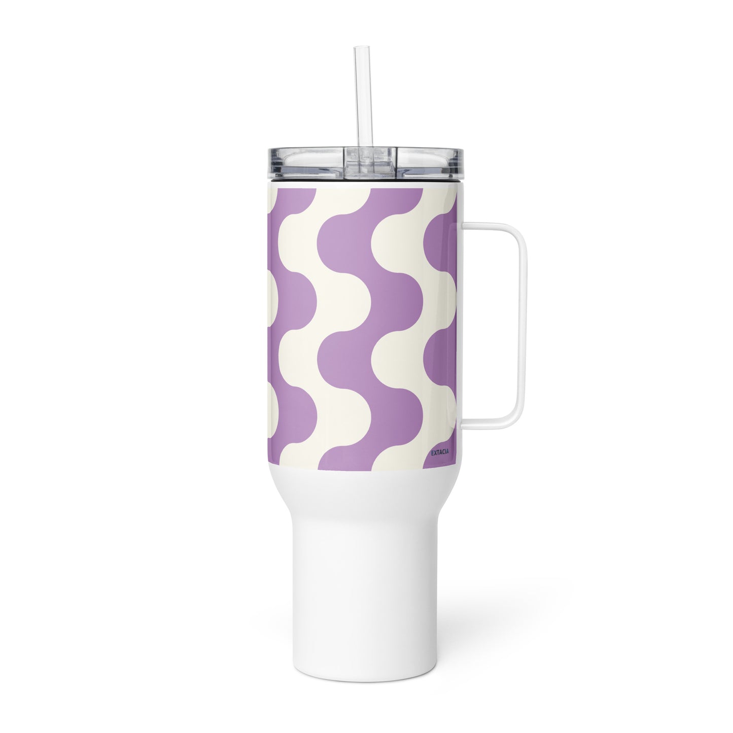 Mug isotherme inox avec anse – blanc et violet, graphique minimaliste - Zoom couvercle et bord – tasse isotherme inox usage quotidien confortable