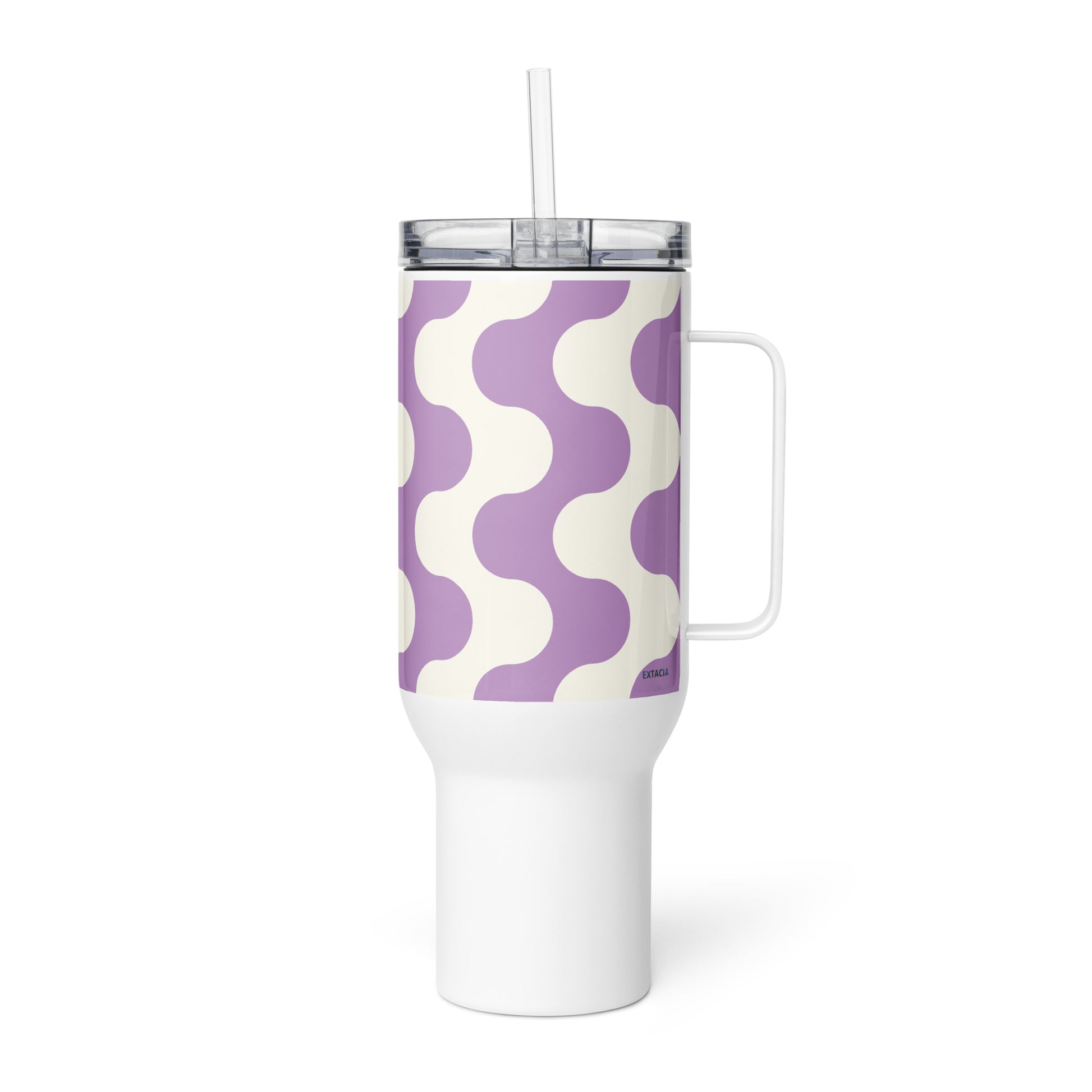 Mug isotherme inox avec anse – blanc et violet, graphique minimaliste - Zoom couvercle et bord – tasse isotherme inox usage quotidien confortable