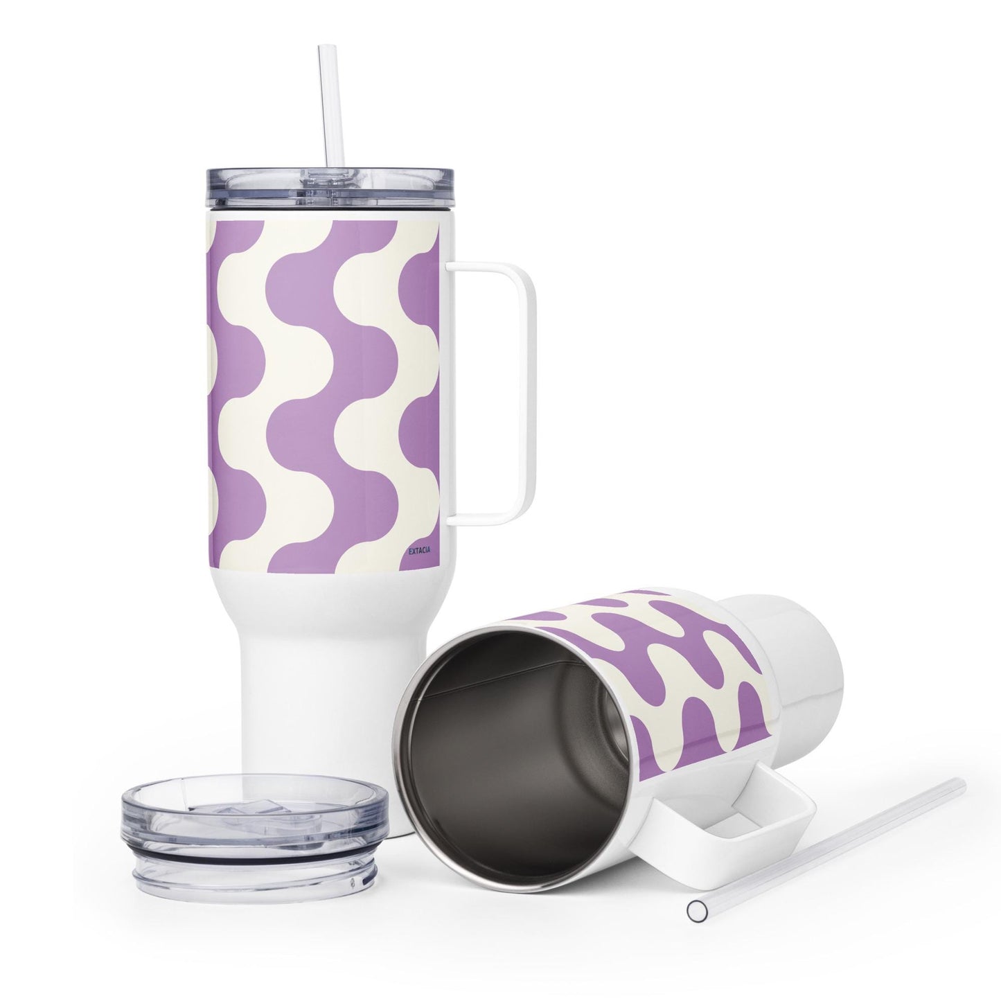 Mug isotherme inox avec anse – blanc et violet, graphique minimaliste - finition acier inoxydable motif floral moderne