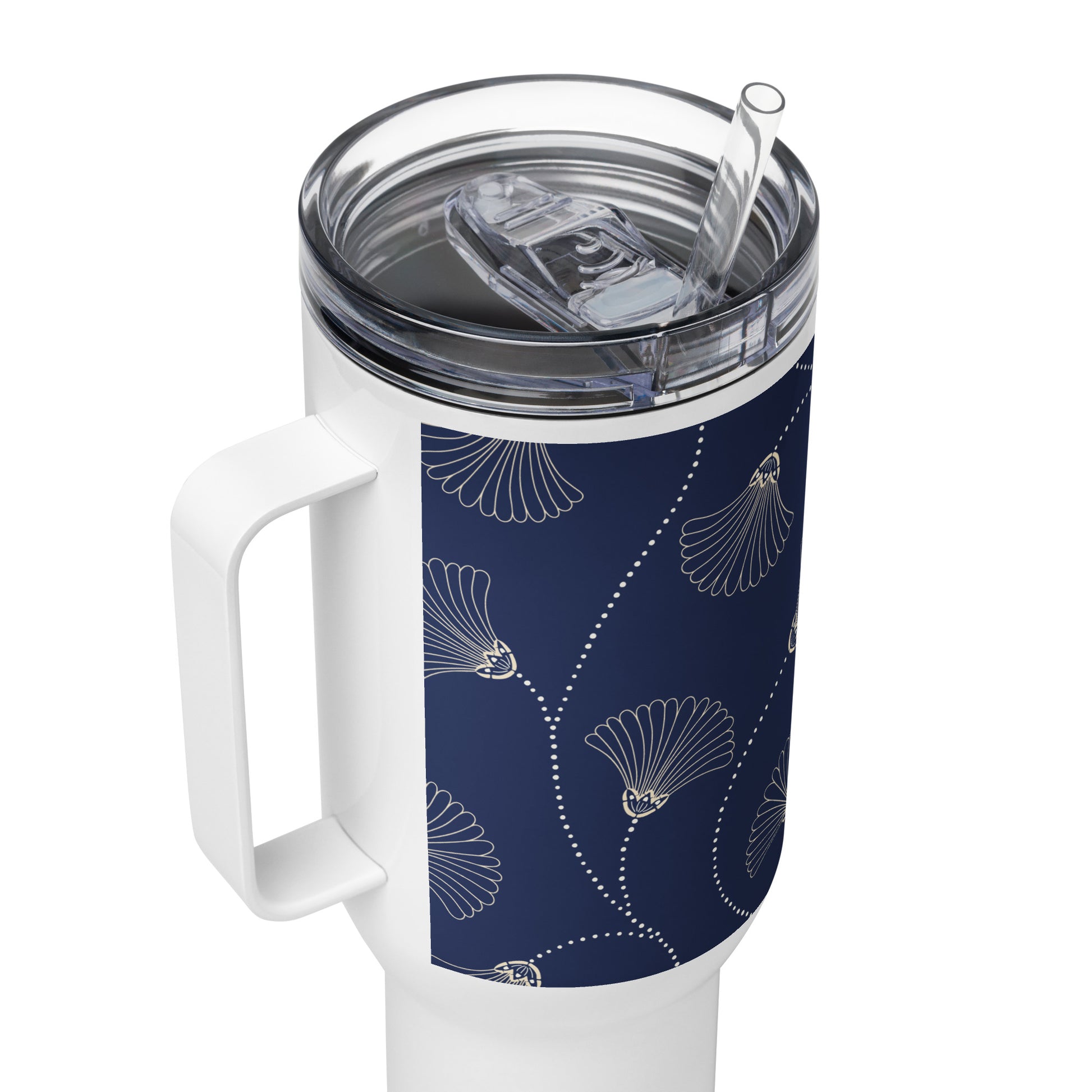 Mug isotherme inox avec anse – bleu fleuri, nature minimaliste - Zoom couvercle et bord – Détail intérieur et paroi 