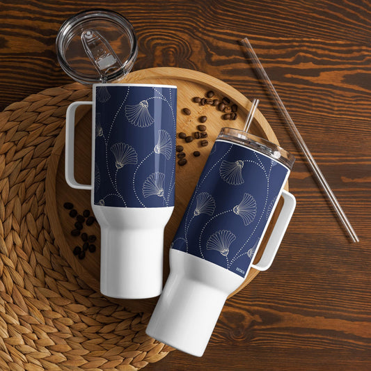 Mug isotherme inox avec anse – bleu fleuri, nature minimaliste - double-paroi durable et design floral élégant