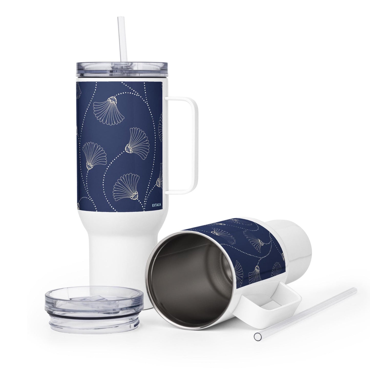 Mug isotherme inox avec anse – bleu fleuri, nature minimaliste – finition acier inoxydable motif floral moderne