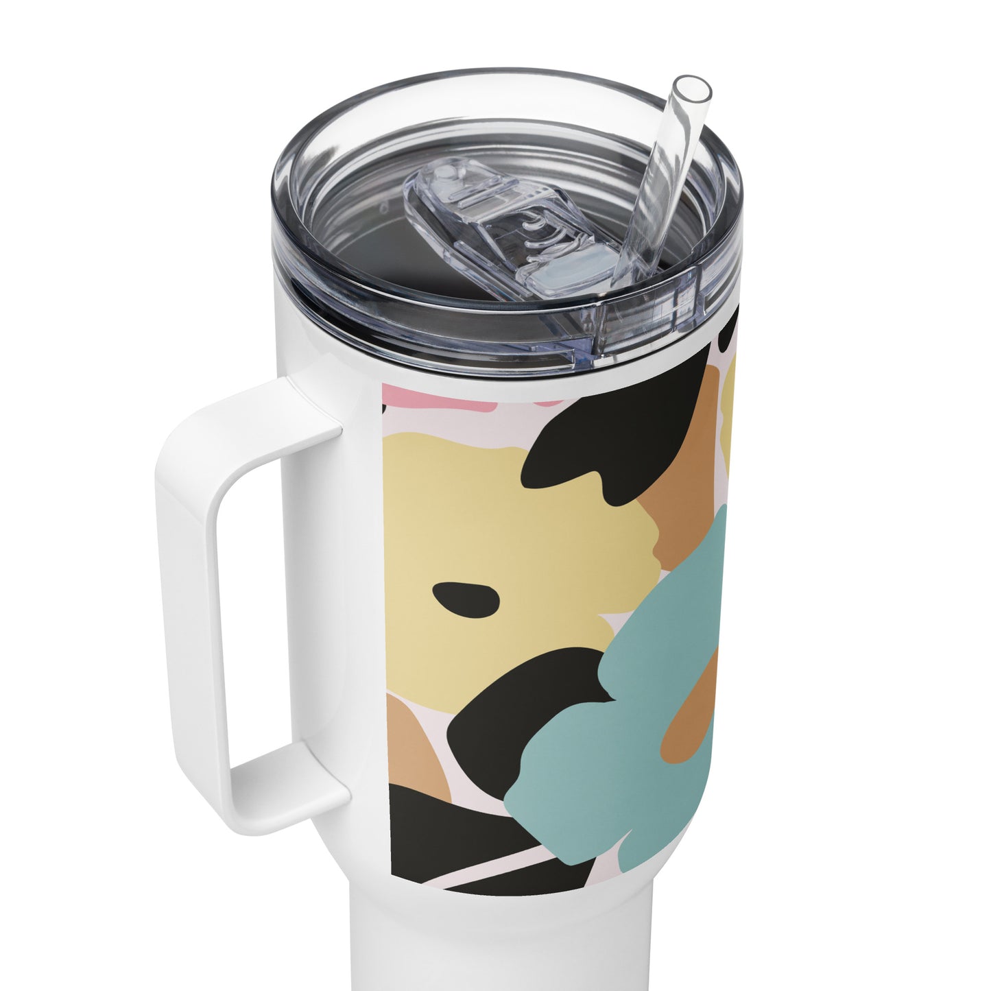 Mug isotherme inox avec anse – fleuri pastel, nature minimaliste - Zoom couvercle et bord – Détail intérieur et paroi 